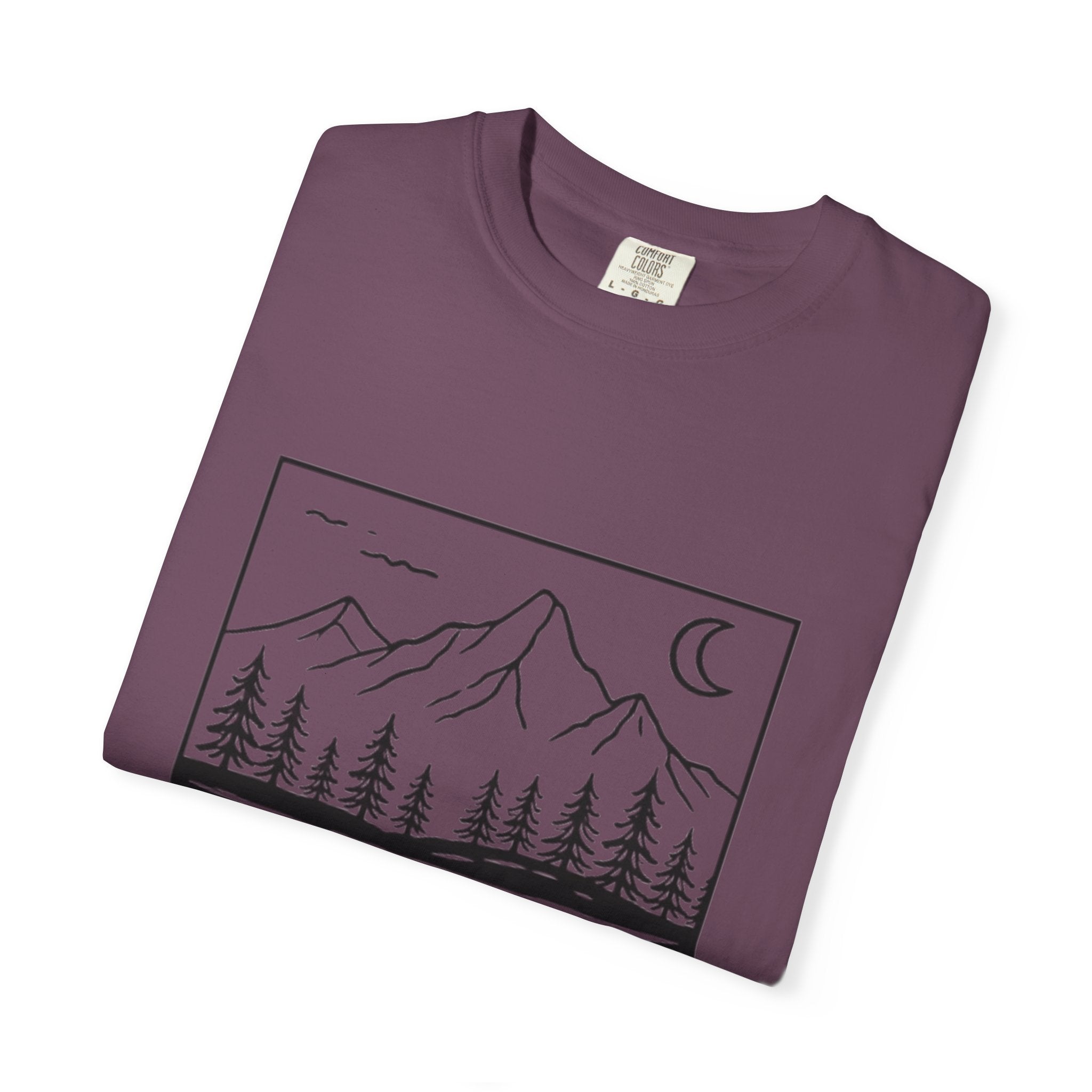 Mountain Lake T-Shirt | Minimal Nightscape with Pine Trees & Crescent Moon