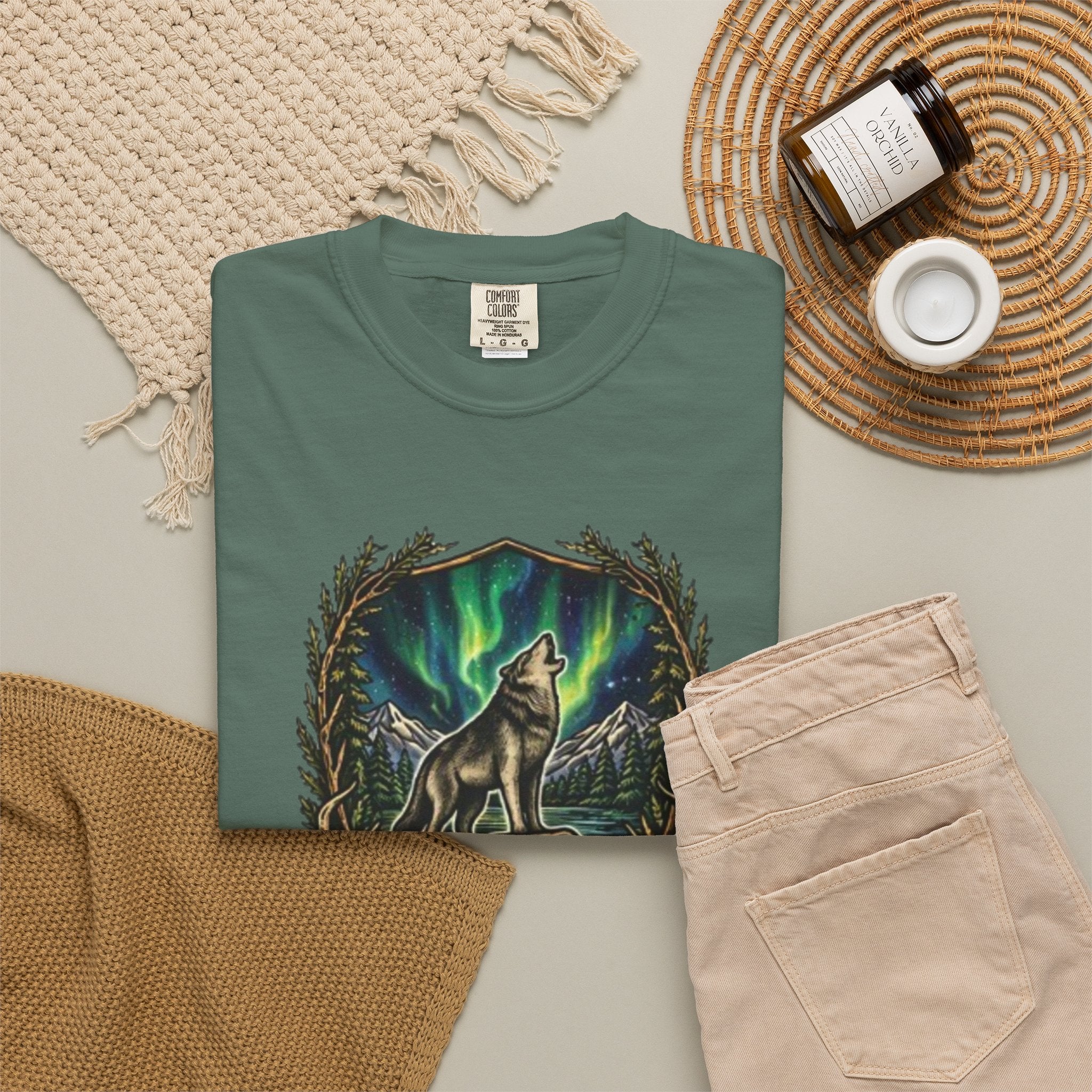 Deer Skull and Wolf Howling T-Shirt | Northern Lights Nature Graphic Tee