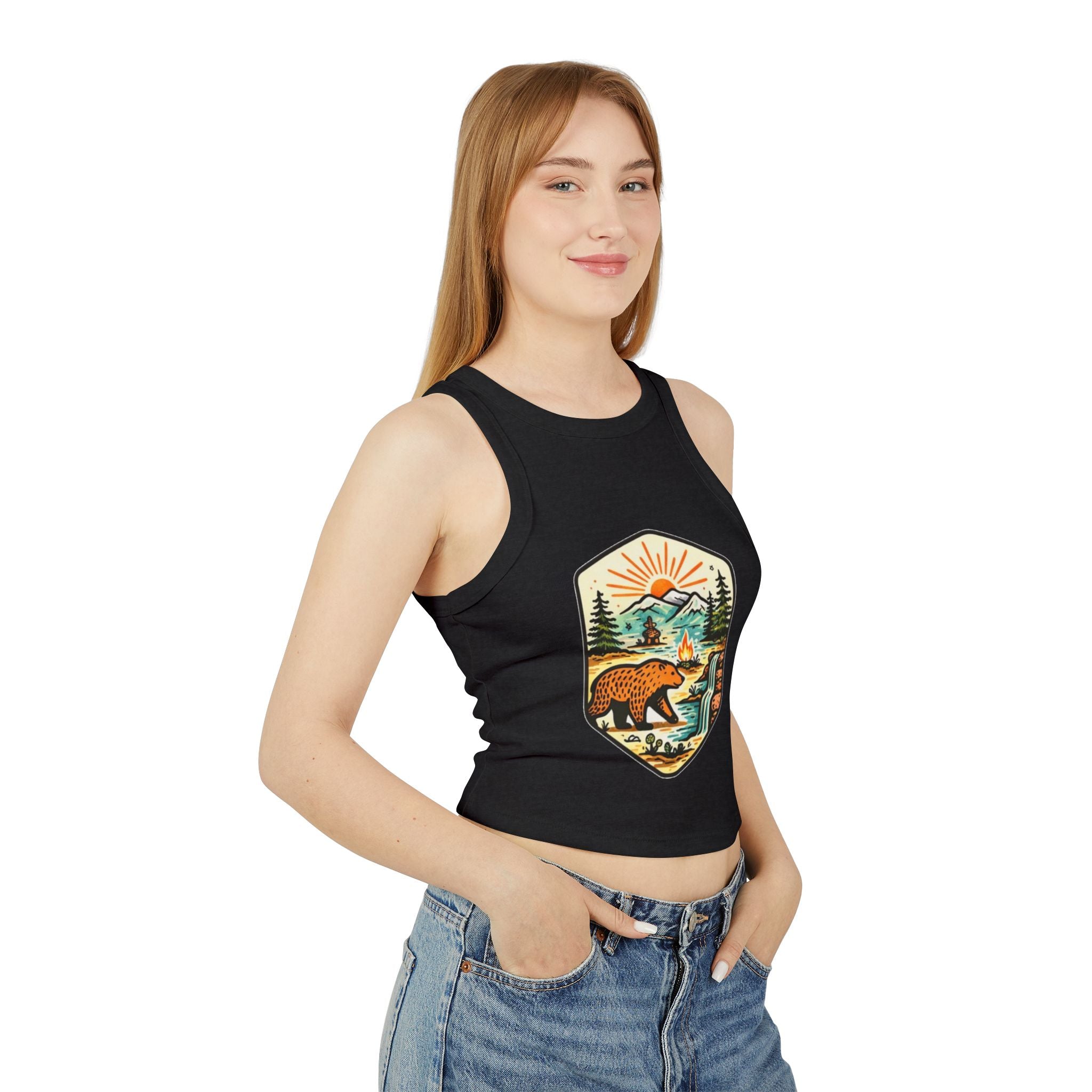 Womens Racer Tank Top | Retro Bear Mountain Camp Graphic