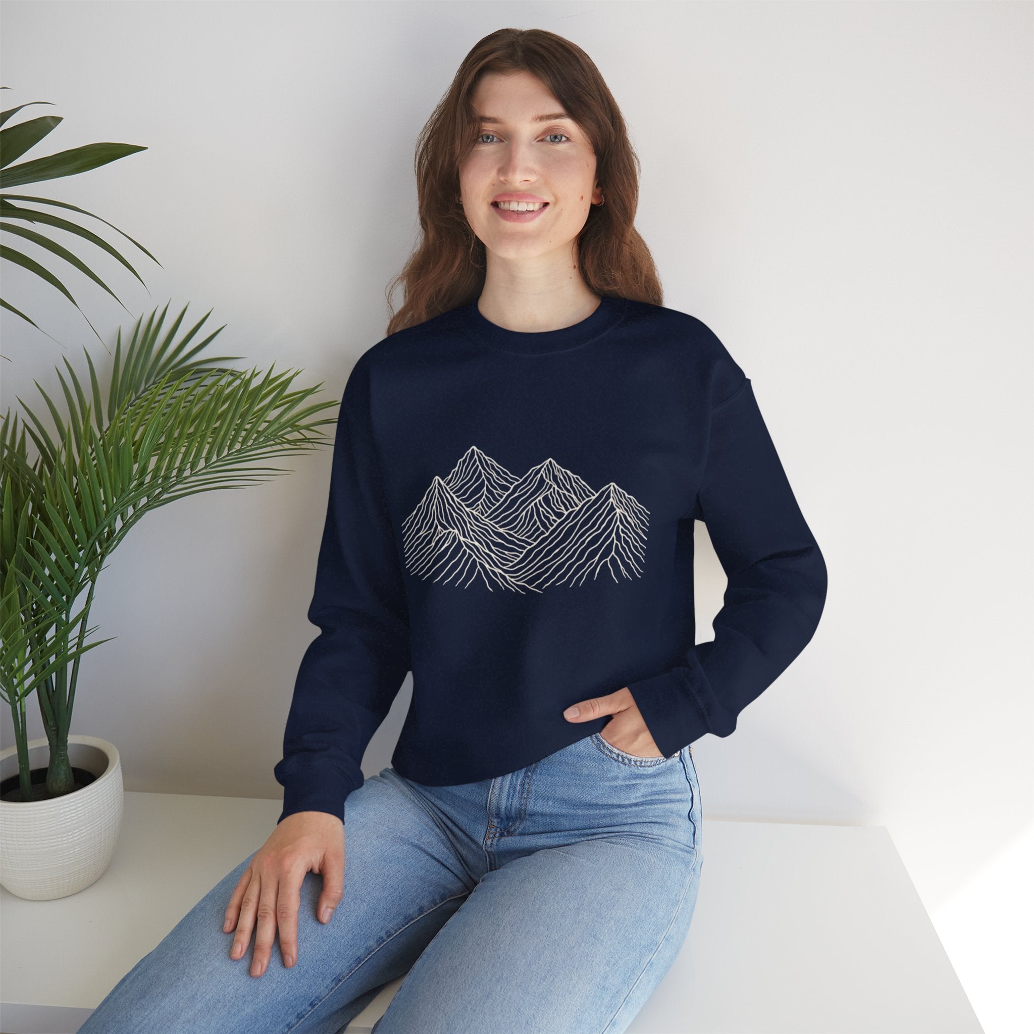 Mountain Line Art Crewneck Sweatshirt | Minimalist Outdoor Graphic Sweater