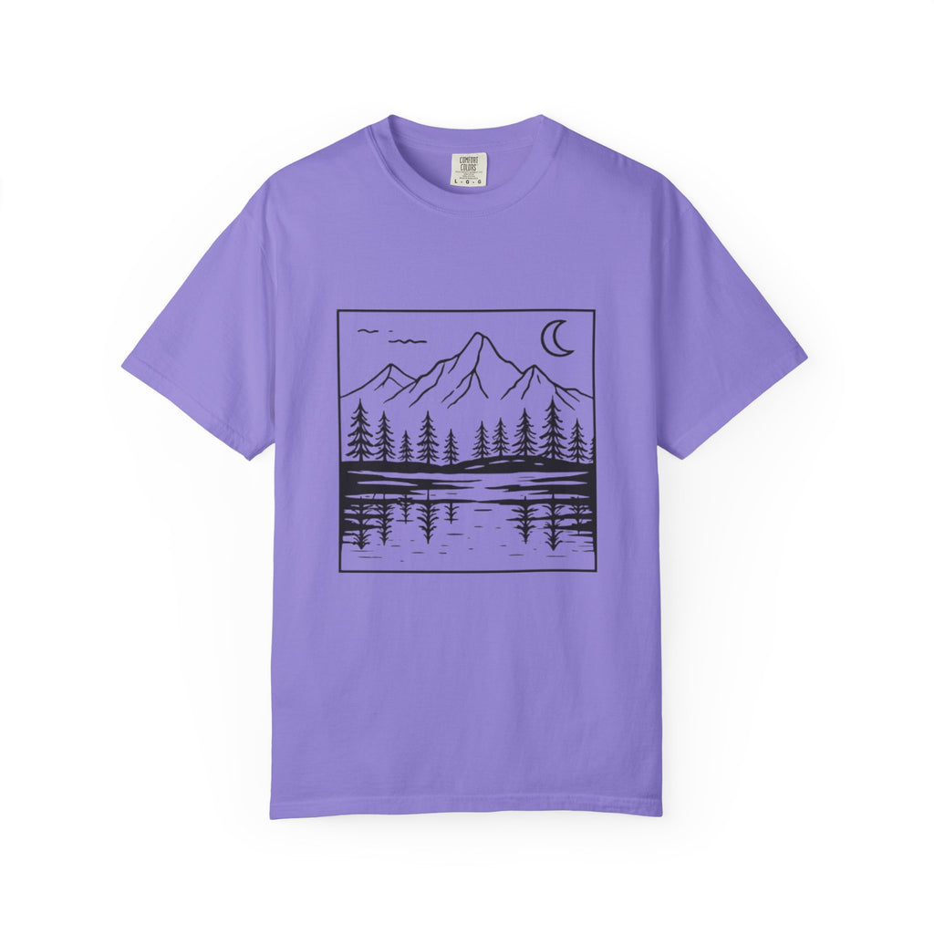 Mountain Lake T-Shirt | Minimal Nightscape with Pine Trees & Crescent Moon