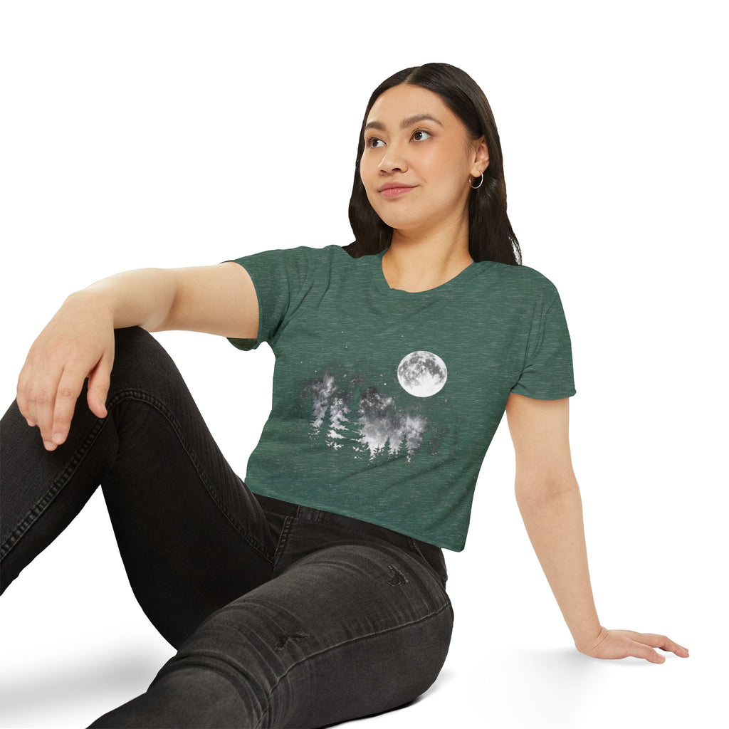 Moonlit Forest Crop Top | Women's Festival Moon & Pine Tree Graphic