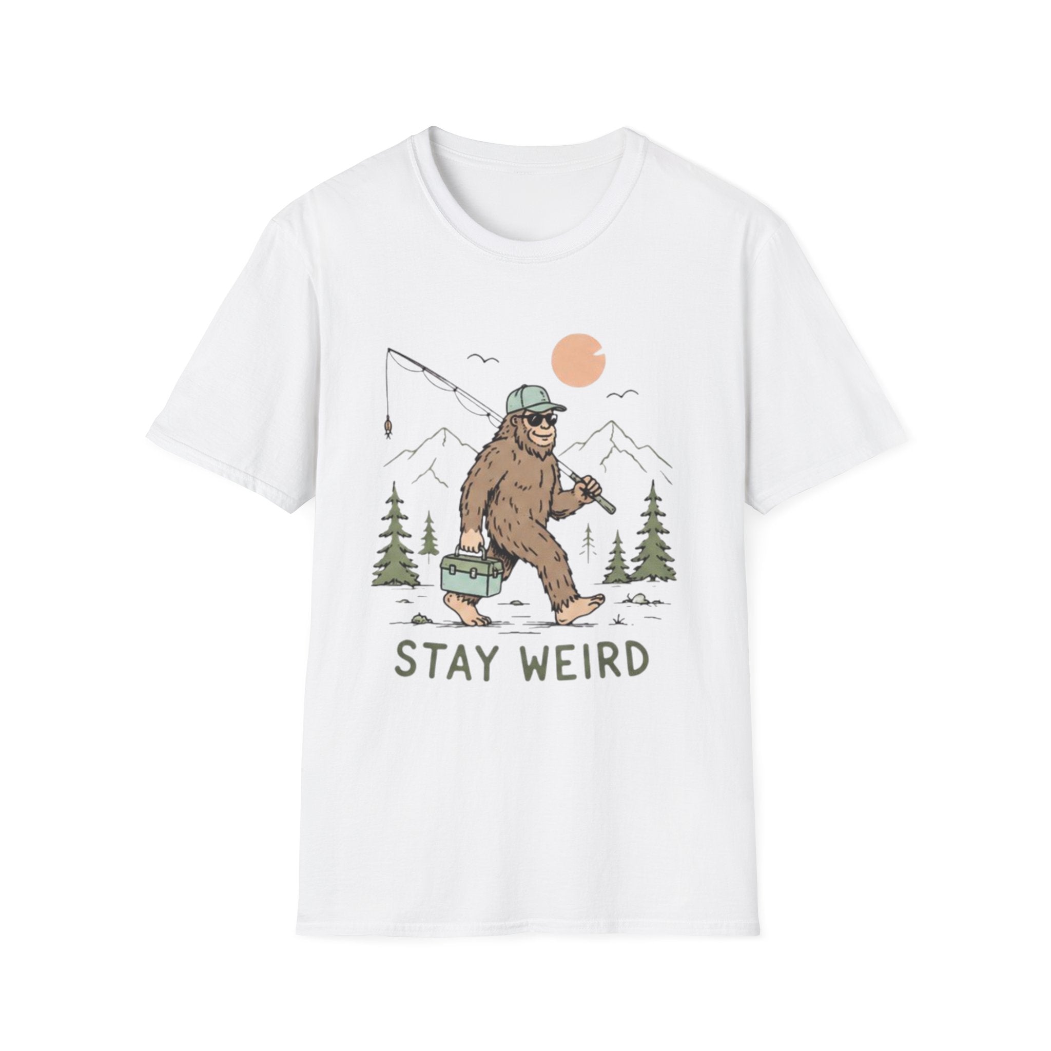 Stay Weird Bigfoot Fishing T-Shirt | Funny Sasquatch Graphic Tee for Nature Lovers