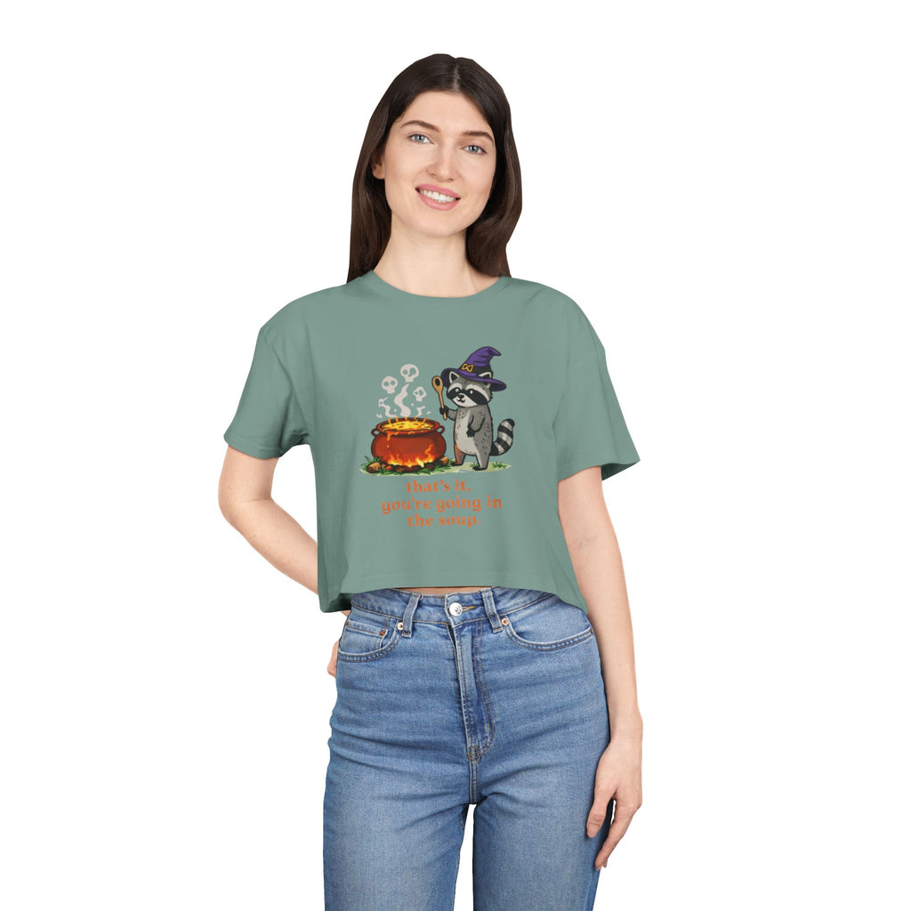 Witch Raccoon Crop Tee | "thats it youre going in the soup" Halloween Graphic Top