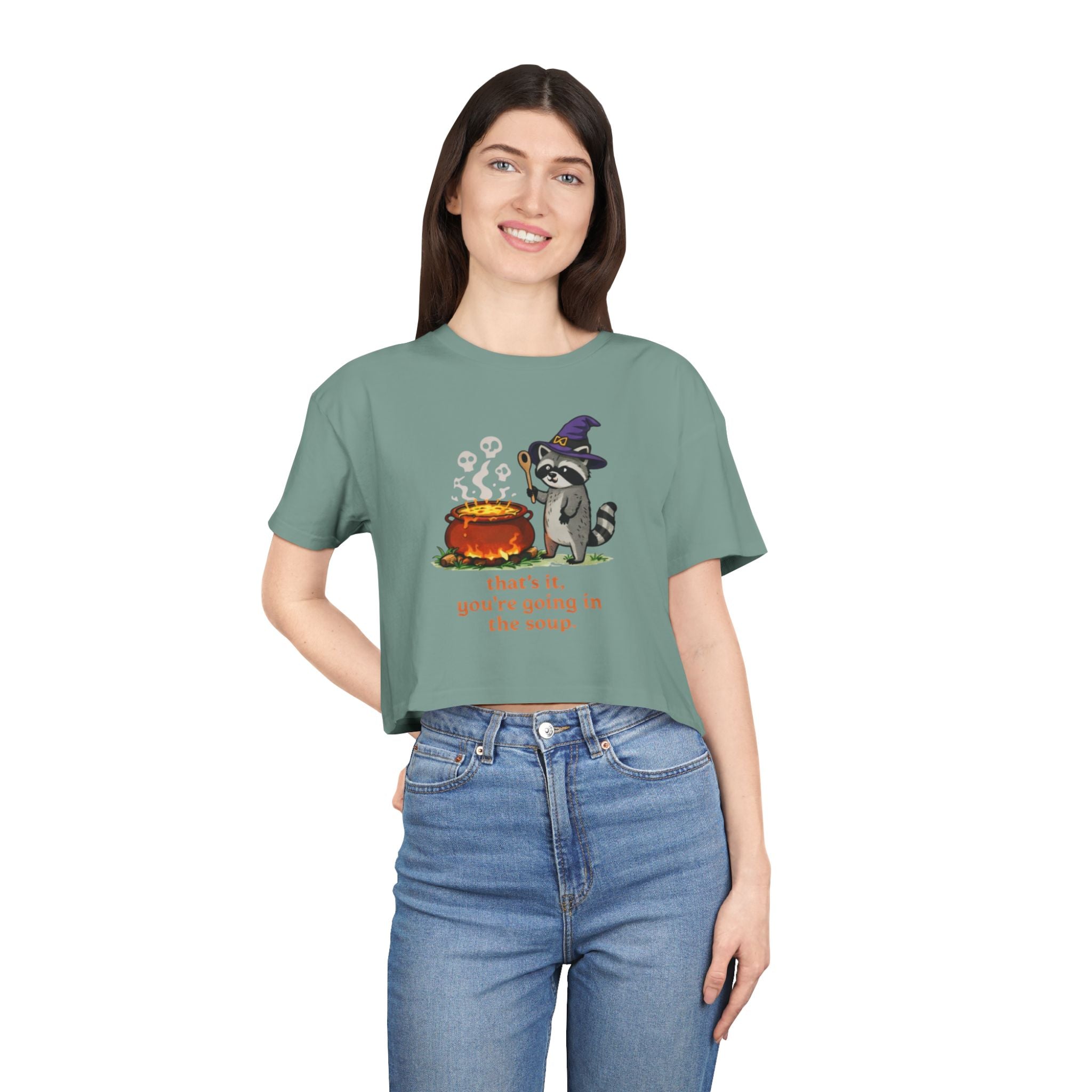 Witch Raccoon Crop Tee | "thats it youre going in the soup" Halloween Graphic Top