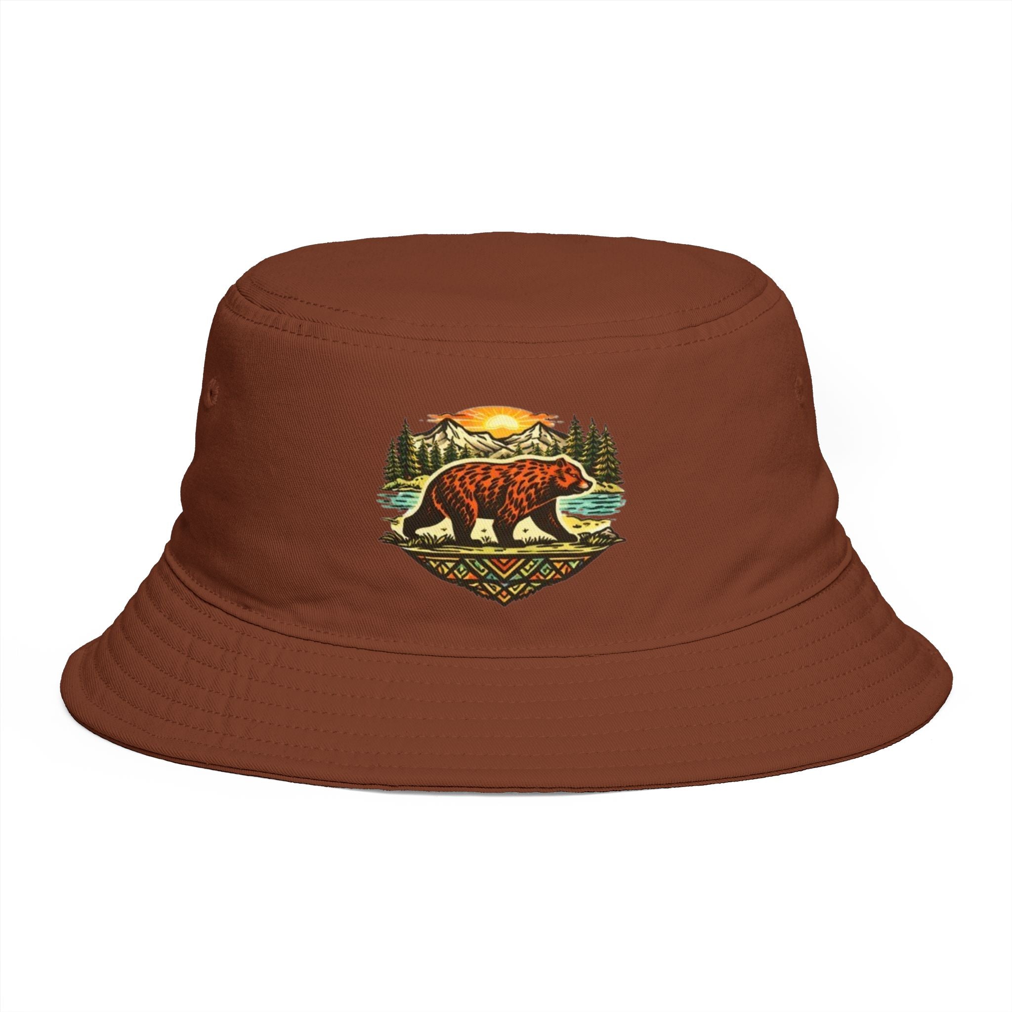 Bear Wilderness Bucket Hat | Retro Mountain Sunset Outdoor Cap