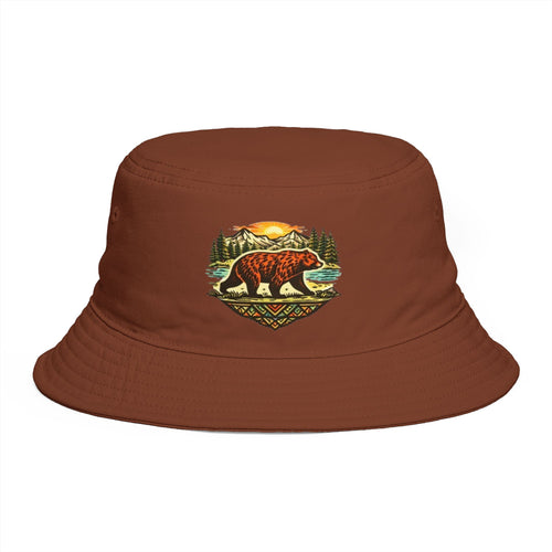Bear Wilderness Bucket Hat | Retro Mountain Sunset Outdoor Cap