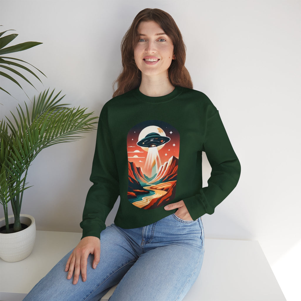 UFO Adventure Crewneck Sweatshirt | Retro Alien Abduction Mountain Graphic
