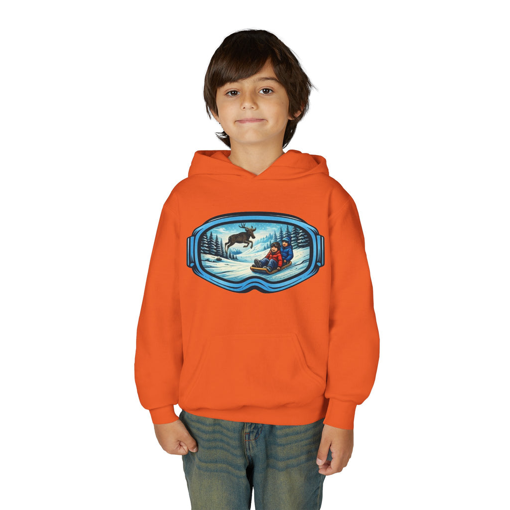 Youth Hoodie | Snow Goggles Winter Sledding Moose Graphic