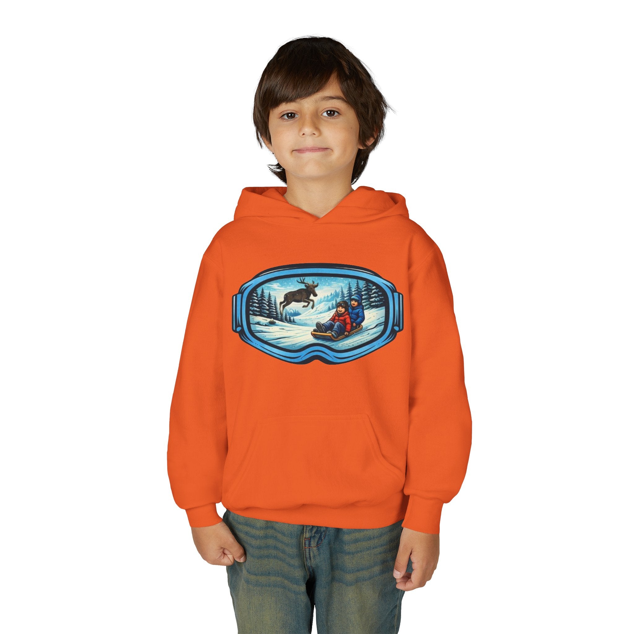 Youth Hoodie | Snow Goggles Winter Sledding Moose Graphic