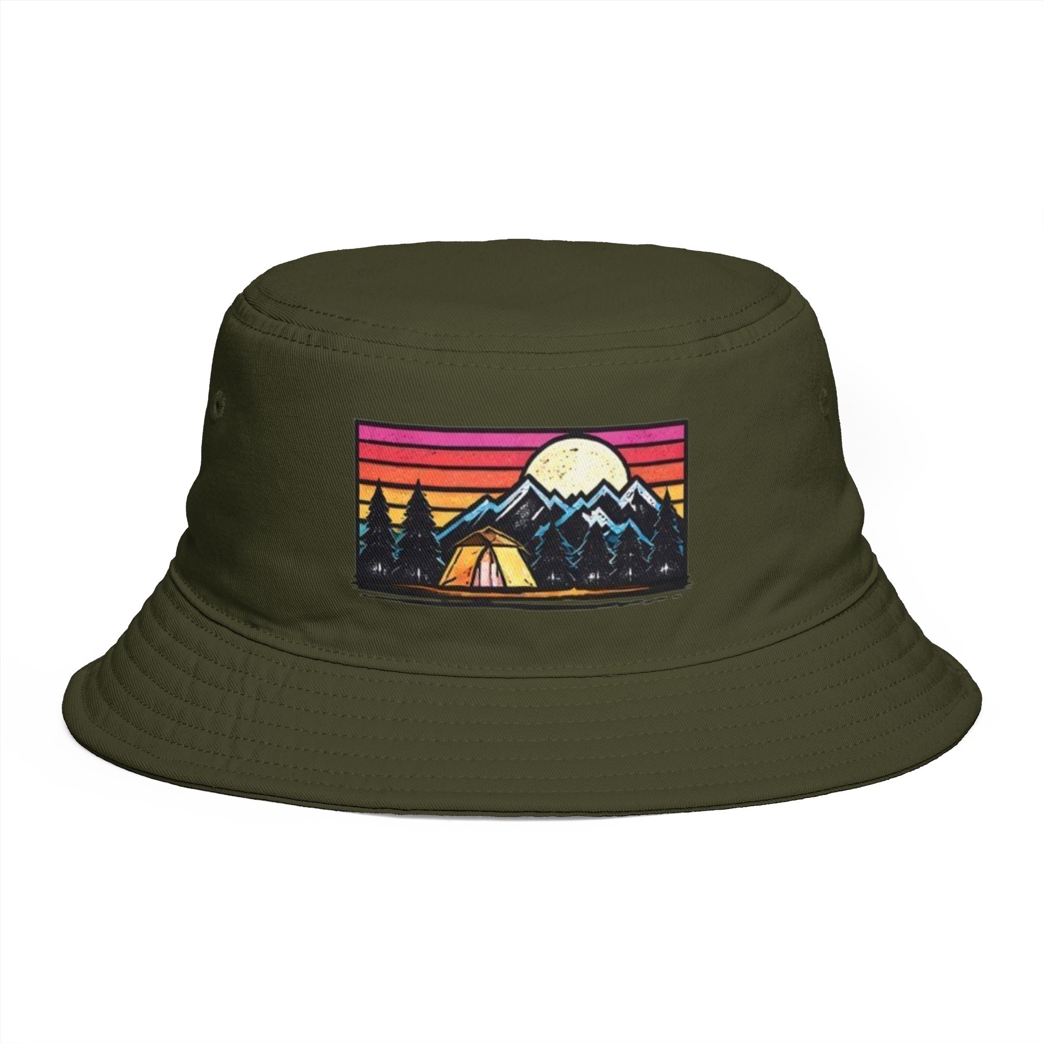 Retro Mountain Camping Bucket Hat | Sunset Tent Patch Outdoor Travel Cap