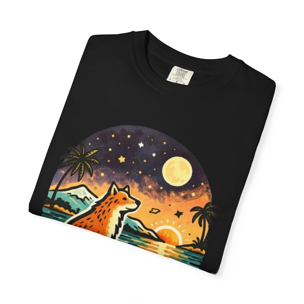 Fox Sunset T-Shirt - Beach Fox Graphic Tee with Skull, Moon & Palm Trees