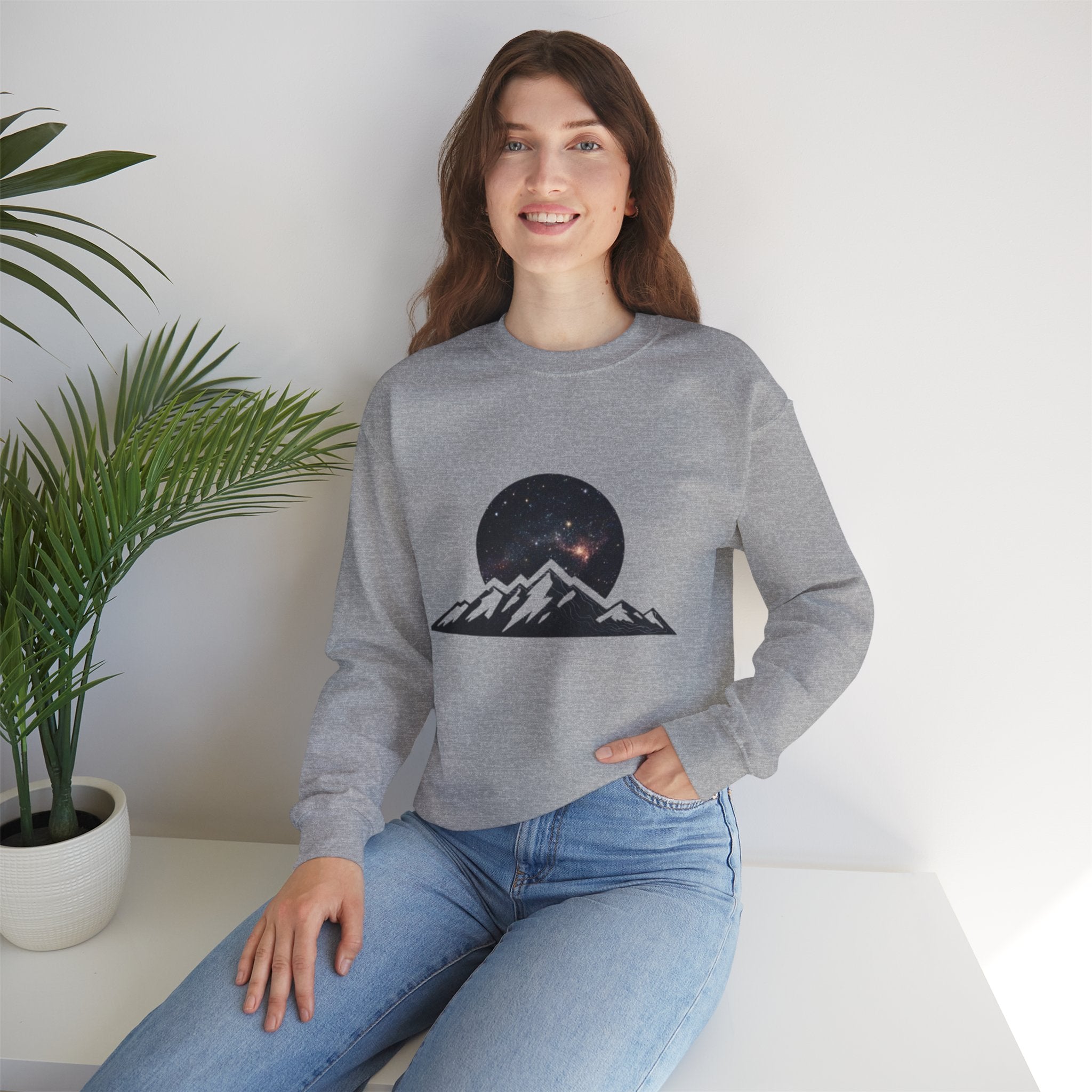 Mountain Night Crewneck Sweatshirt | Galaxy Moon & Peaks Graphic