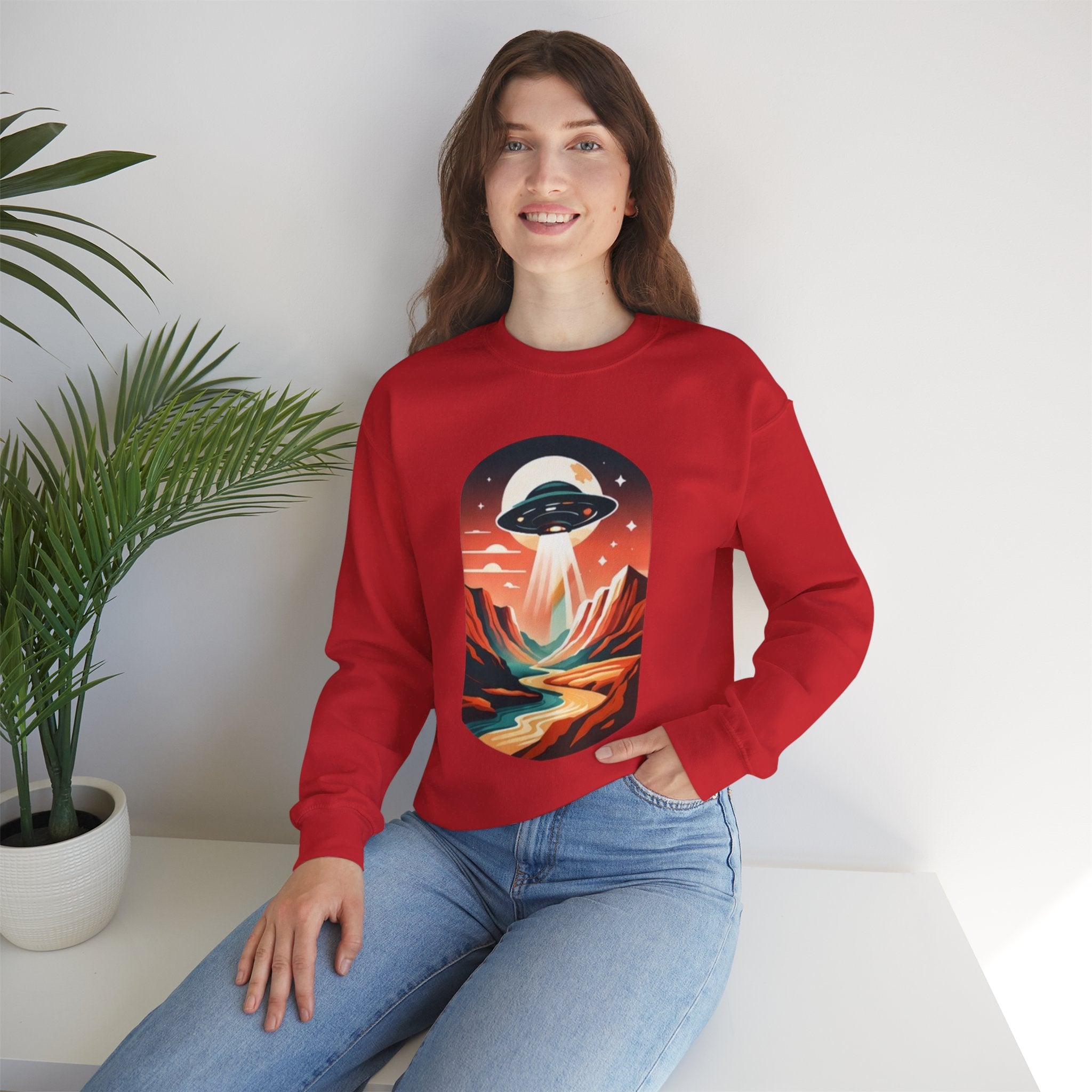 UFO Adventure Crewneck Sweatshirt | Retro Alien Abduction Mountain Graphic
