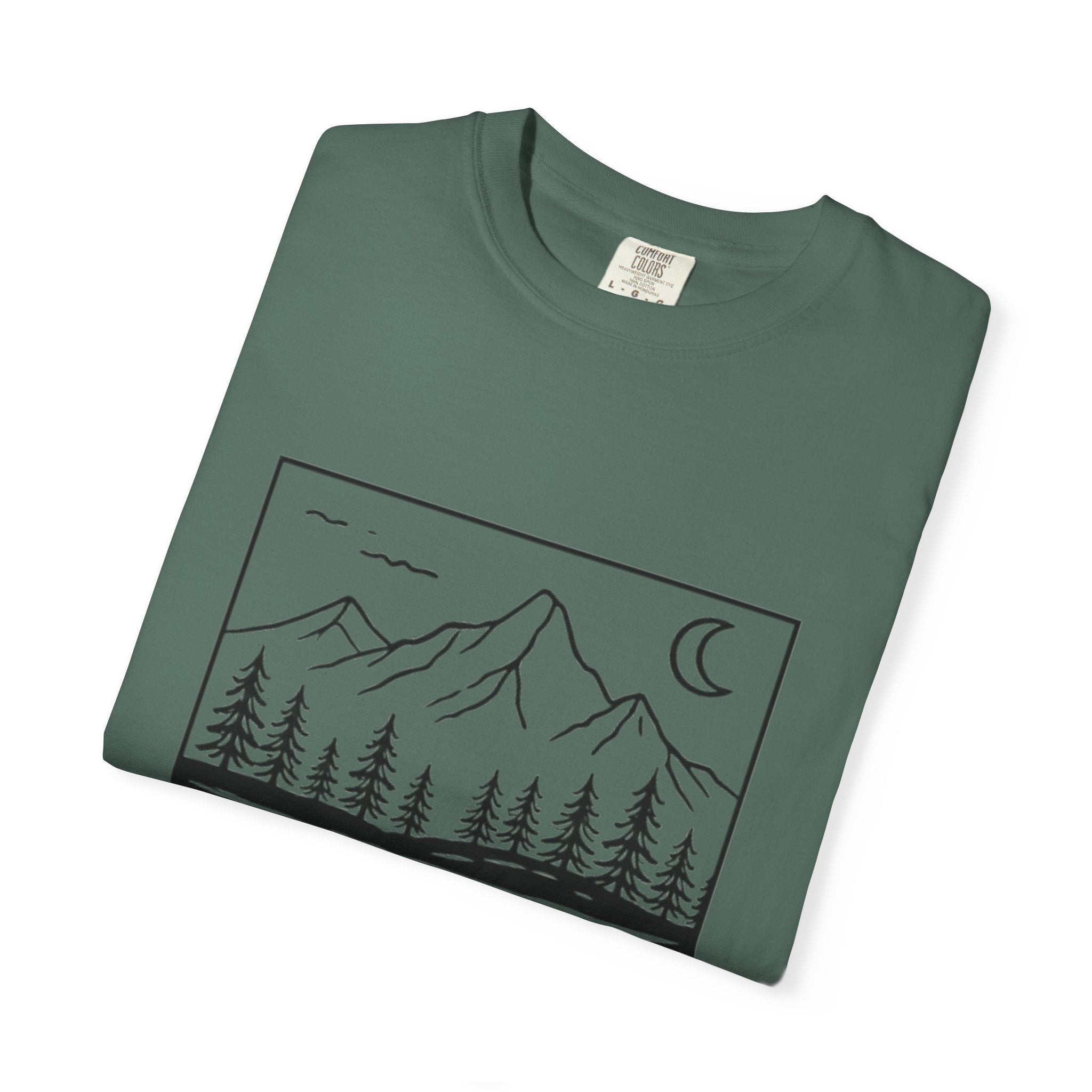 Mountain Lake T-Shirt | Minimal Nightscape with Pine Trees & Crescent Moon