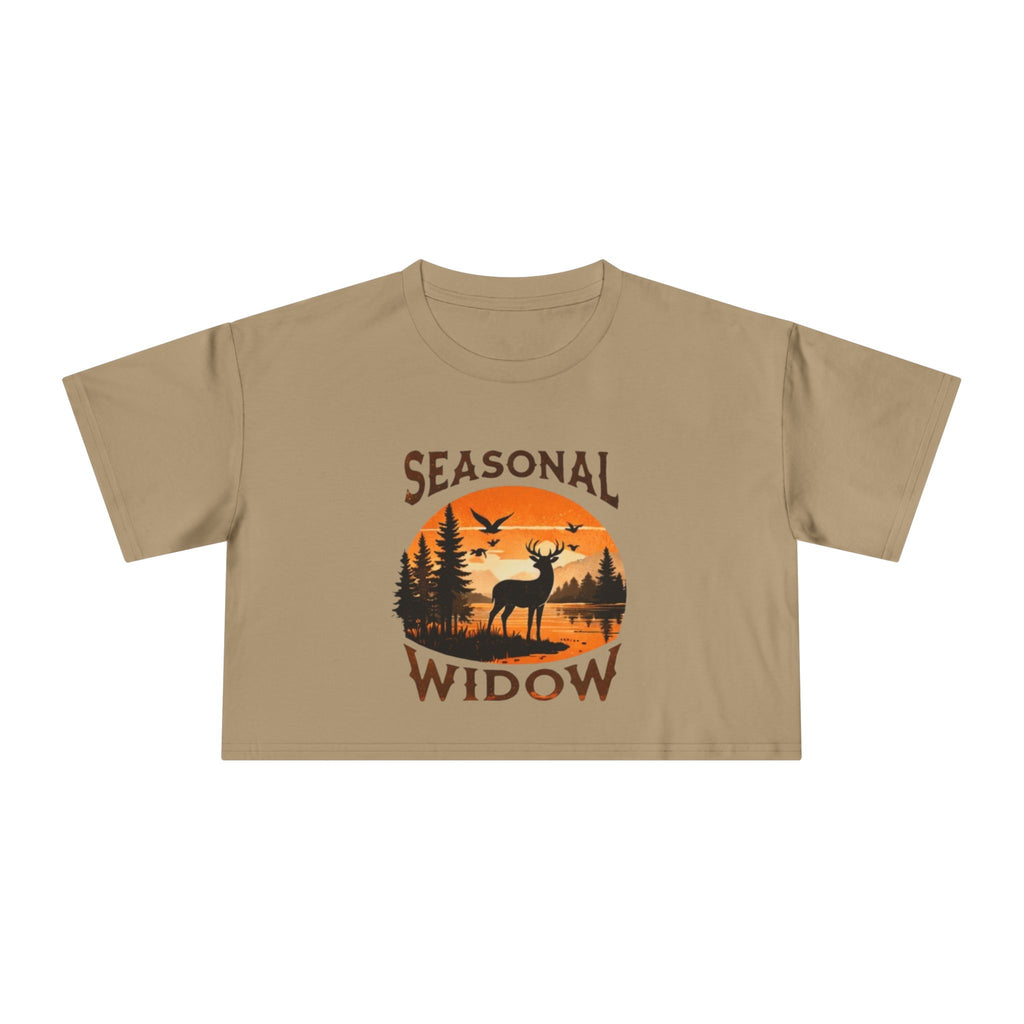 Seasonal Widow Crop Tee | Autumn Hunting Deer Sunset Graphic