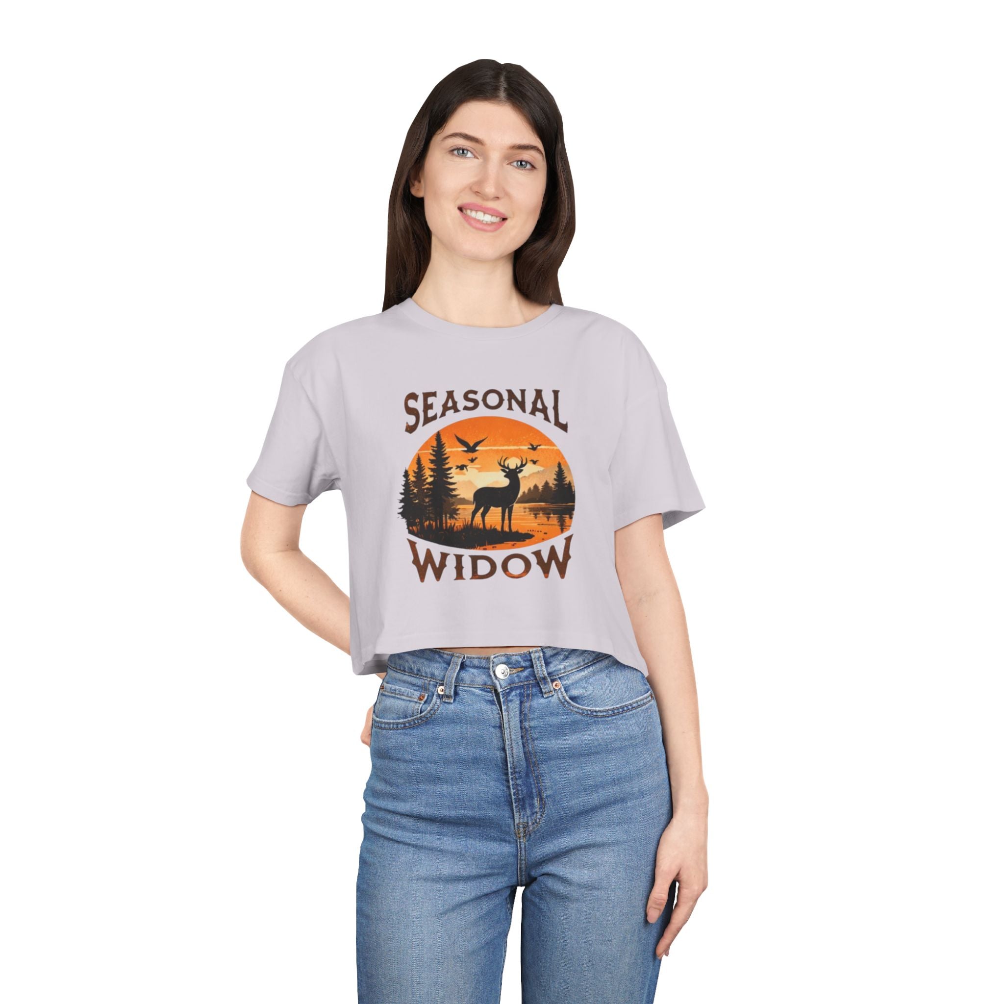 Seasonal Widow Crop Tee | Autumn Hunting Deer Sunset Graphic
