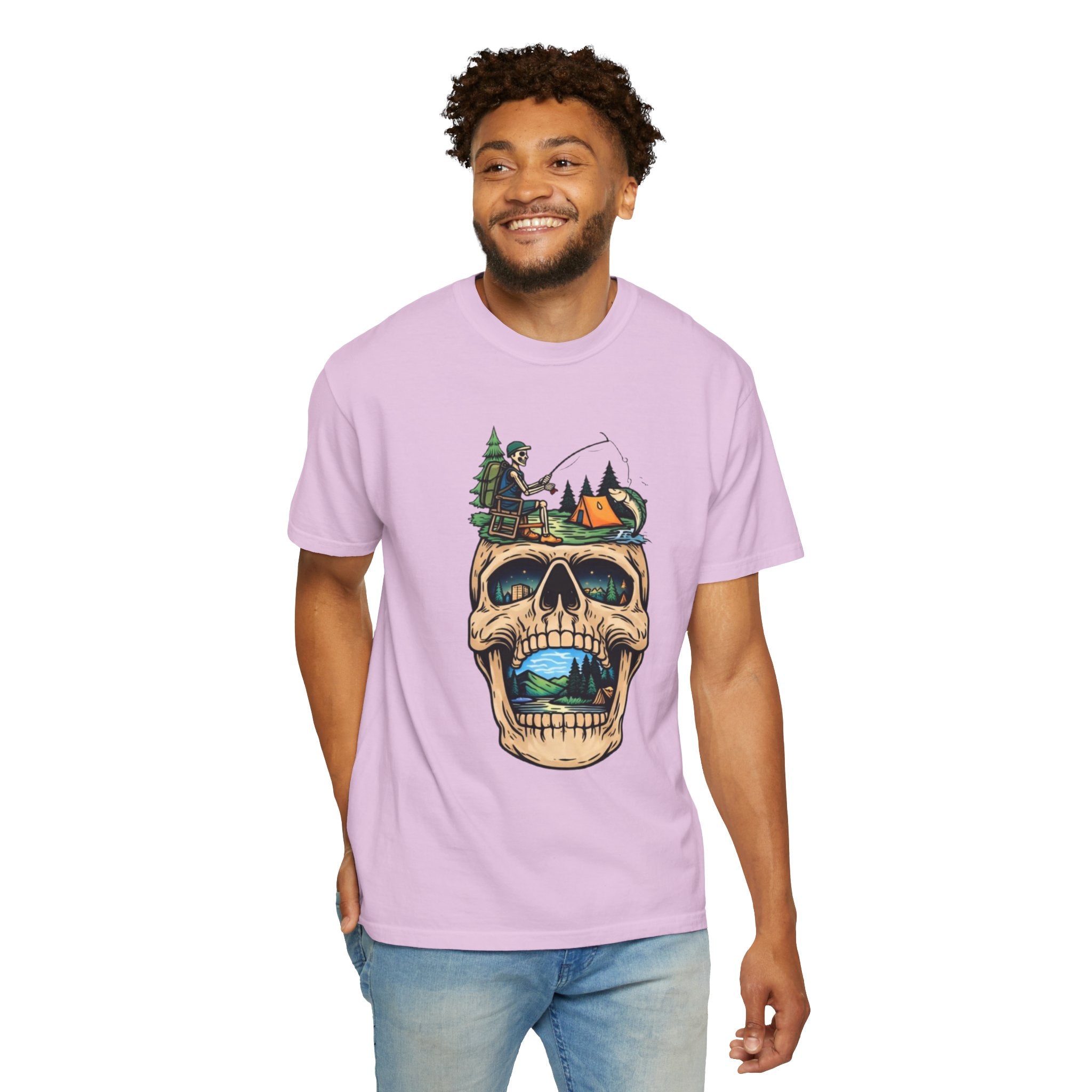 Skull Camping Scene T-shirt | Fishing Camper, Tent & Forest Graphic