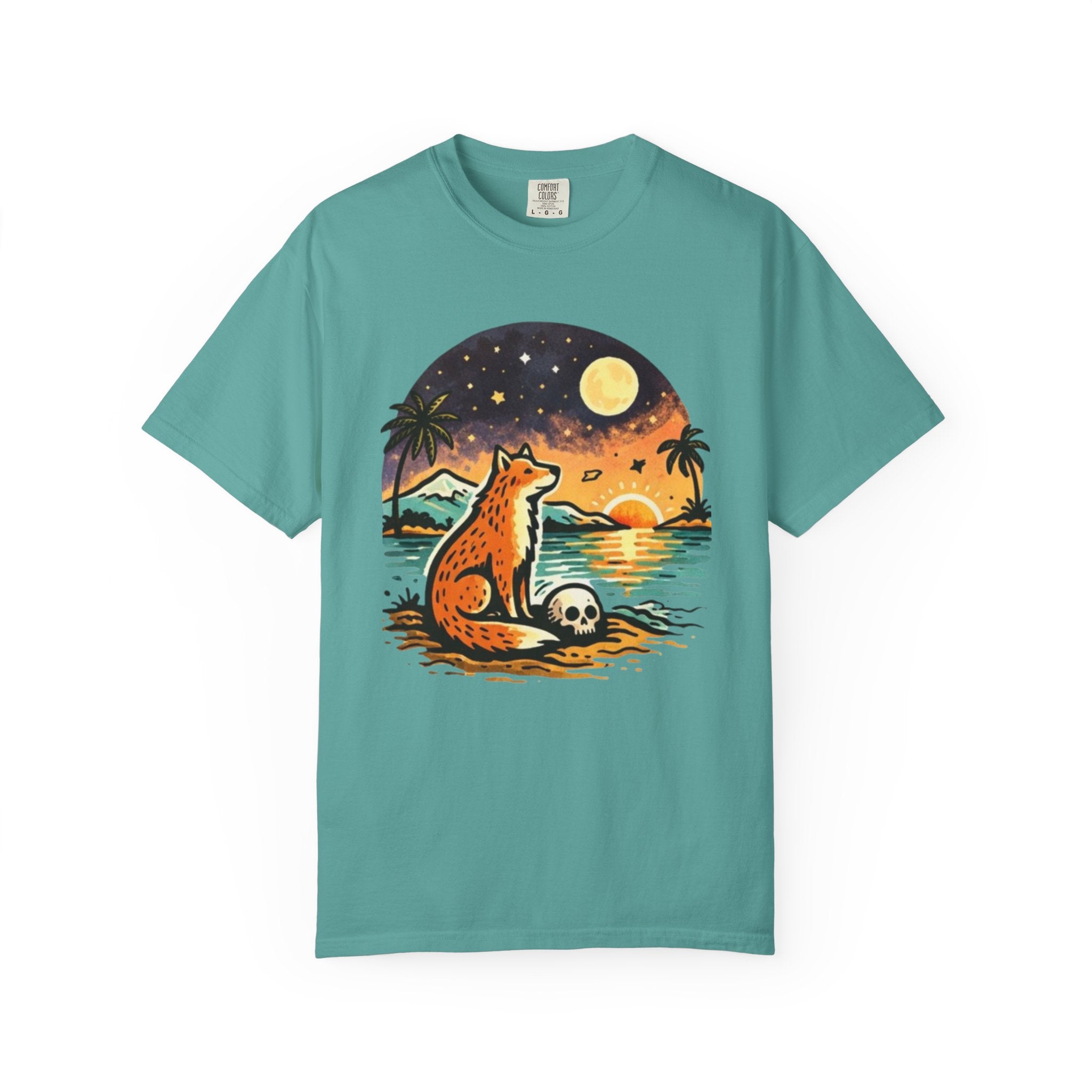Fox Sunset T-Shirt - Beach Fox Graphic Tee with Skull, Moon & Palm Trees