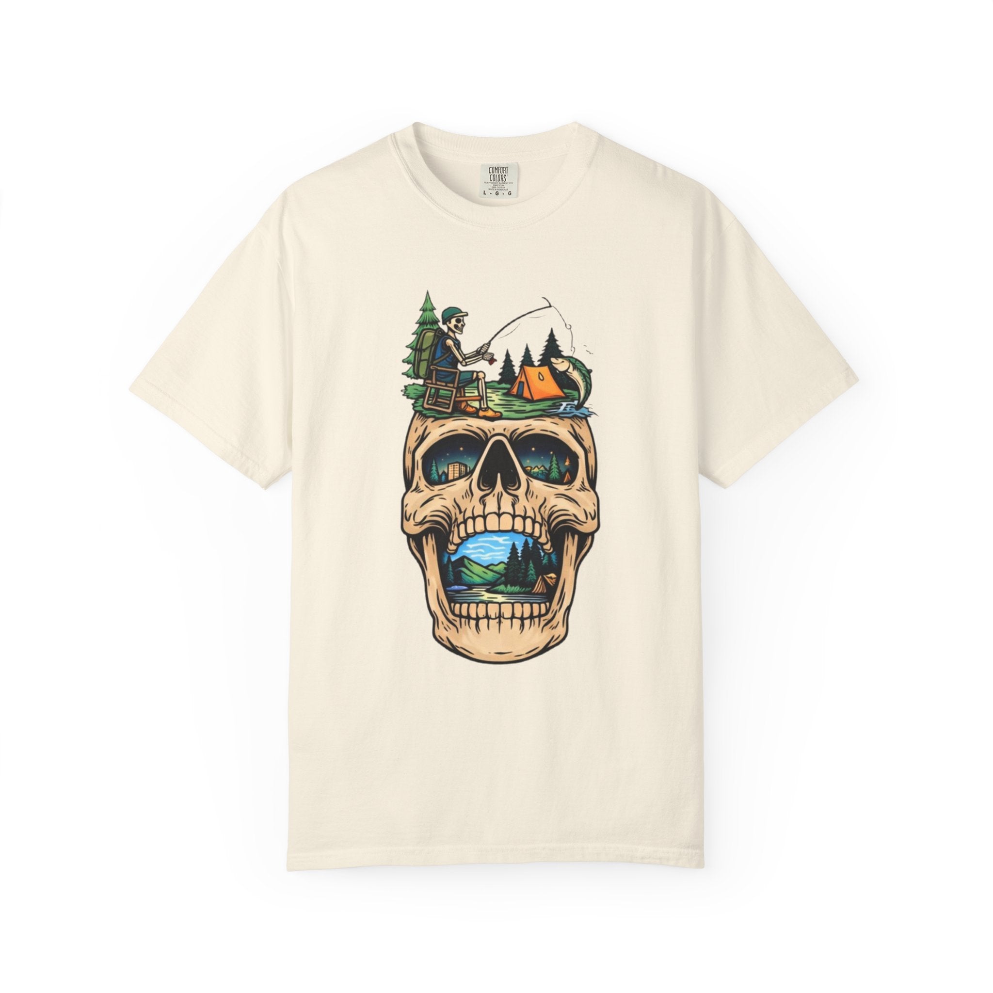Skull Camping Scene T-shirt | Fishing Camper, Tent & Forest Graphic