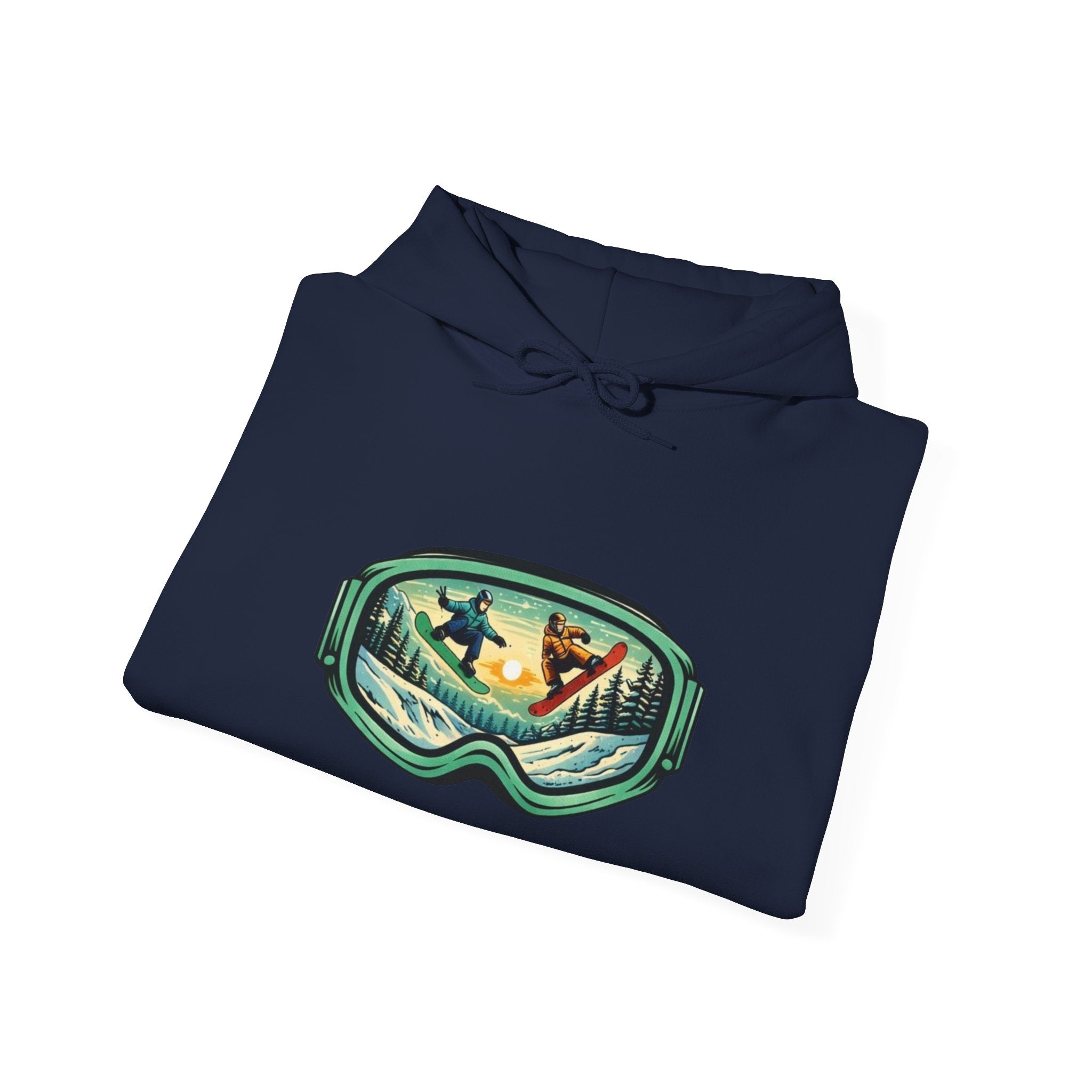 Snowboard Goggles Graphic Hoodie | Winter Mountain Sunset Scene