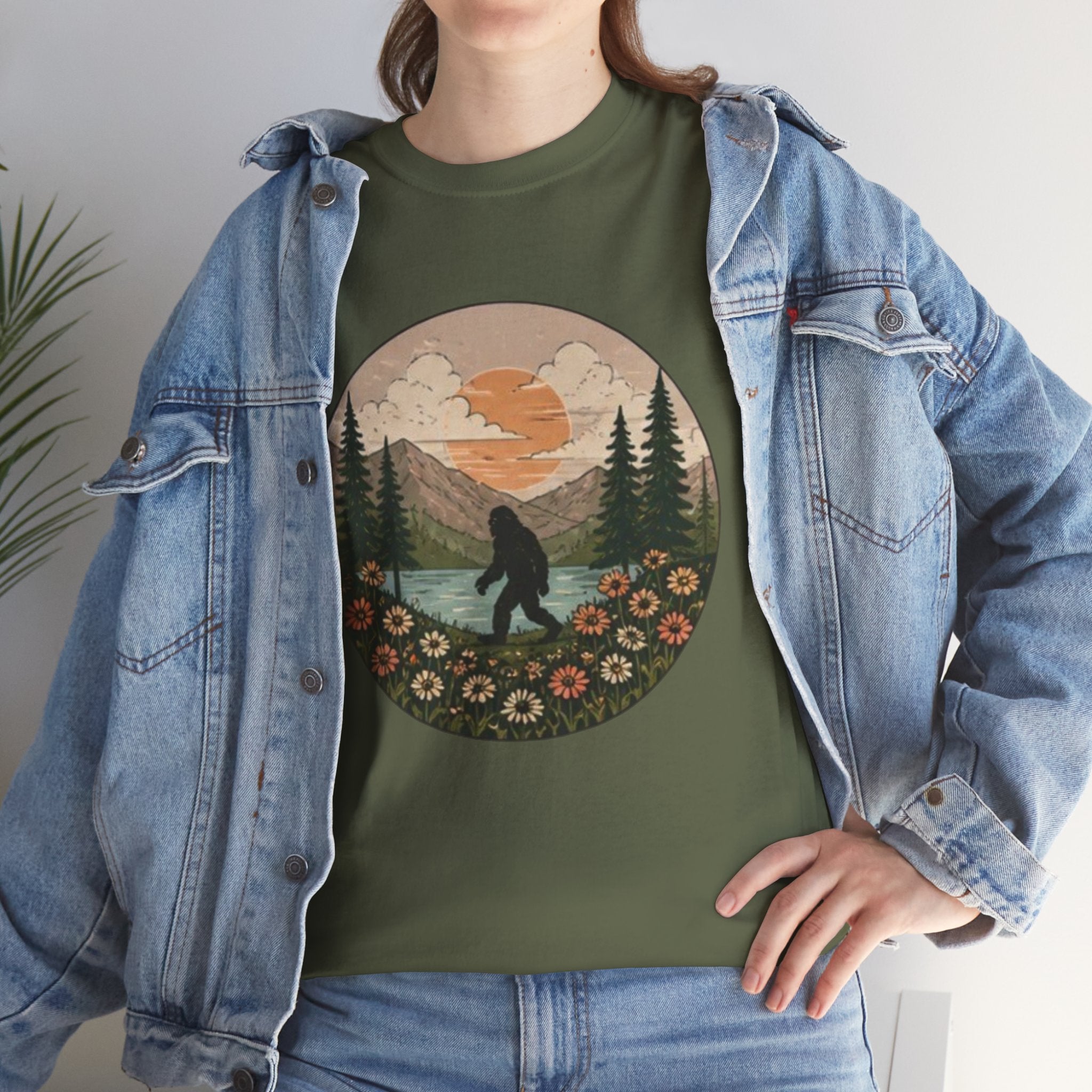 Bigfoot Meadow Retro Tee | Vintage Sasquatch with Flowers