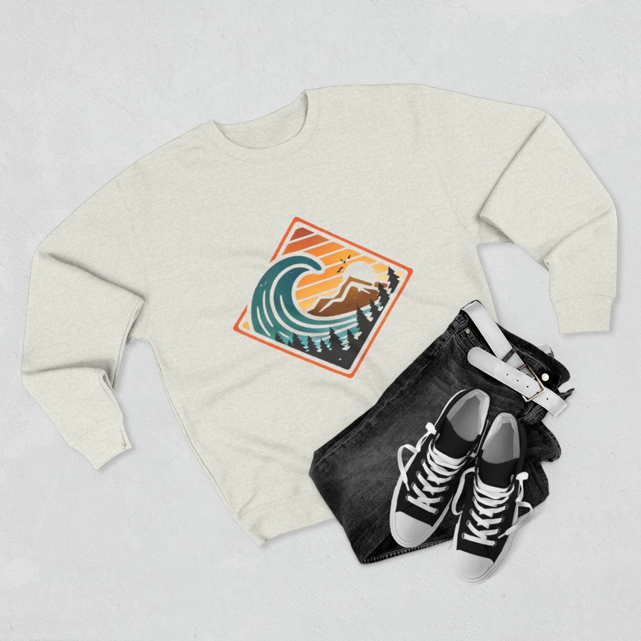 Surf Wave Mountain Badge sweatshirt | Retro Ocean Sunset Crewneck