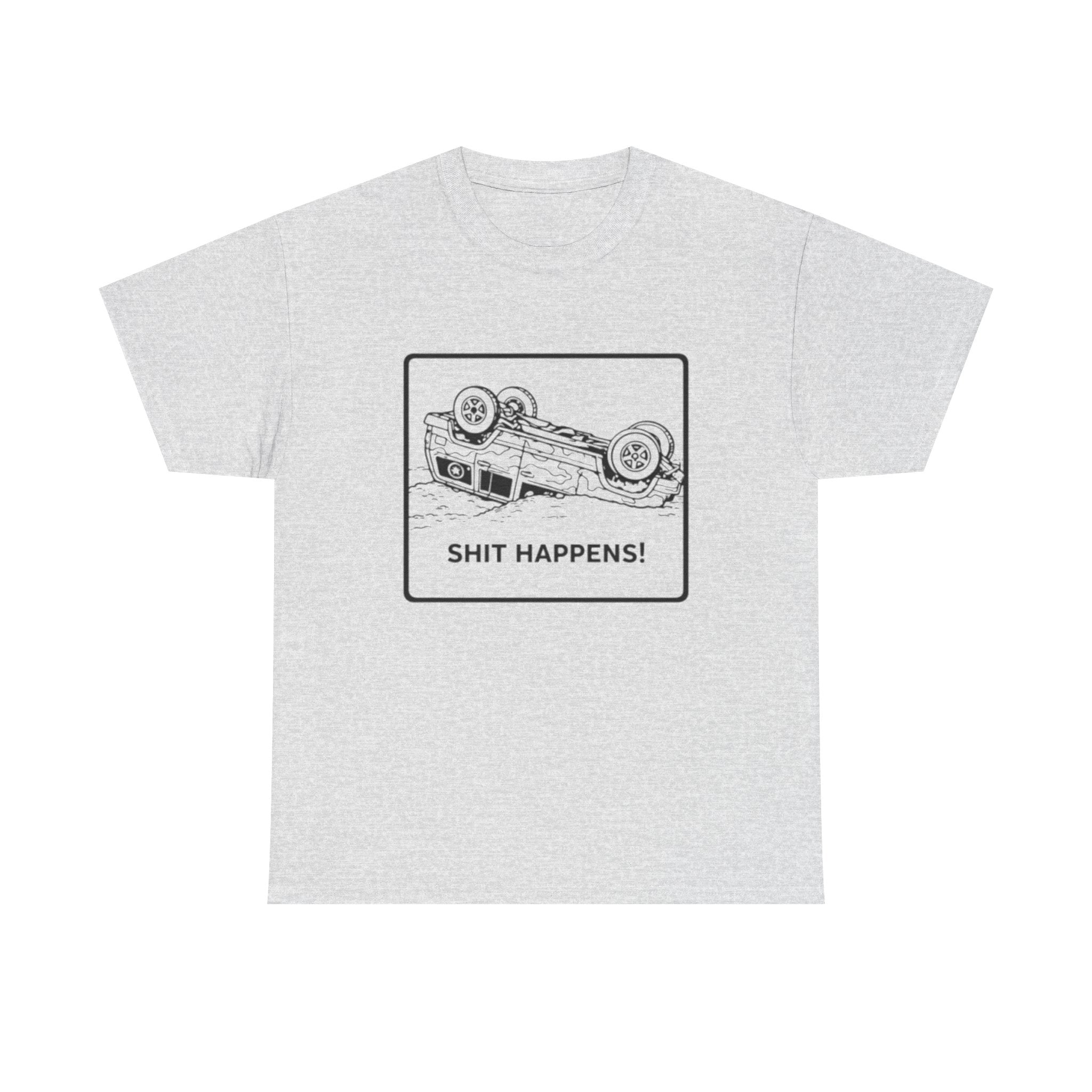 Graphic Tee | Upside-Down Car "Shit Happens!" Vintage Sketch T-Shirt