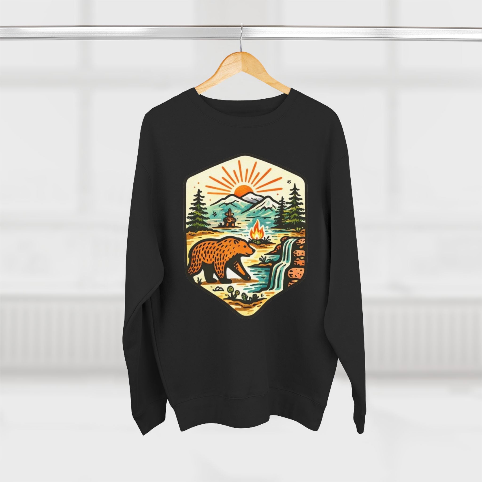Bear Wilderness Crewneck Sweatshirt | Scenic Campfire Mountain Patch Design