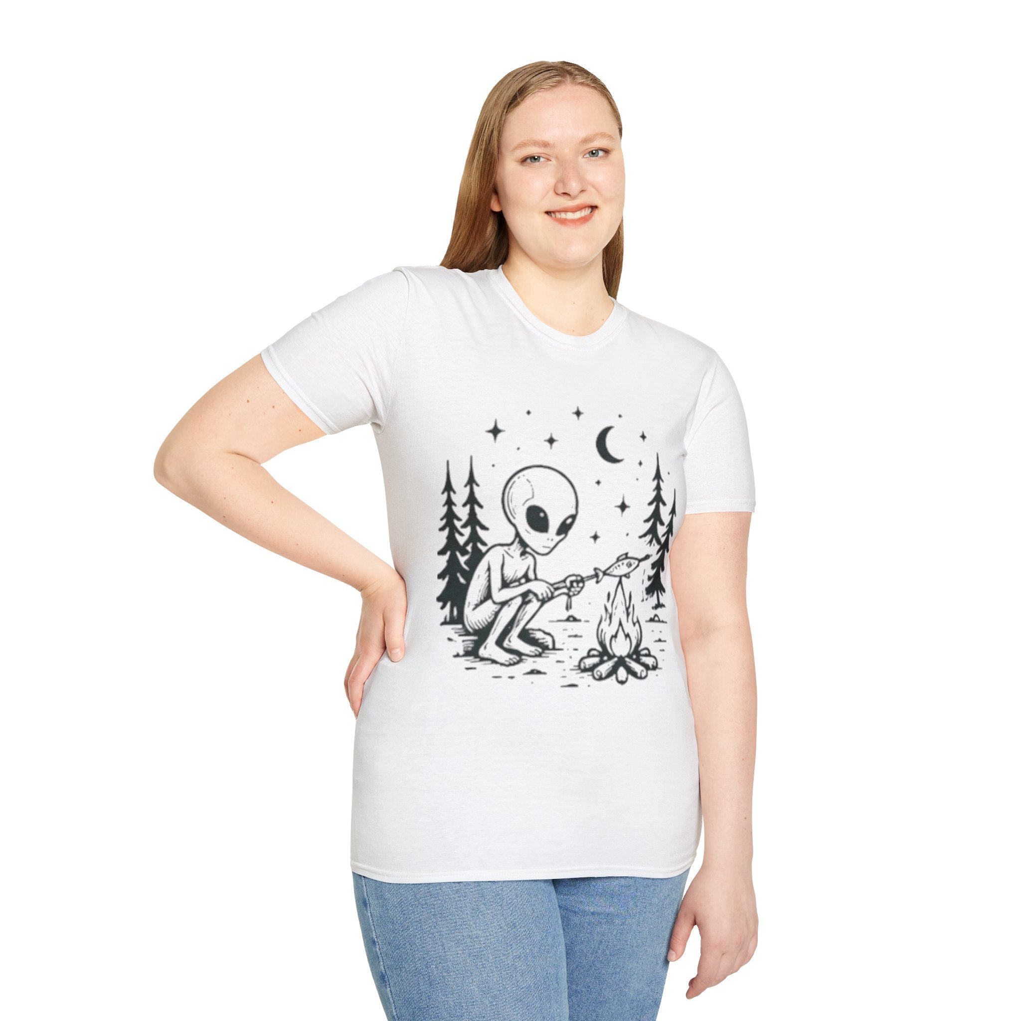 Alien Camping T-Shirt | Cute Space Alien Roasting Fish Graphic Tee