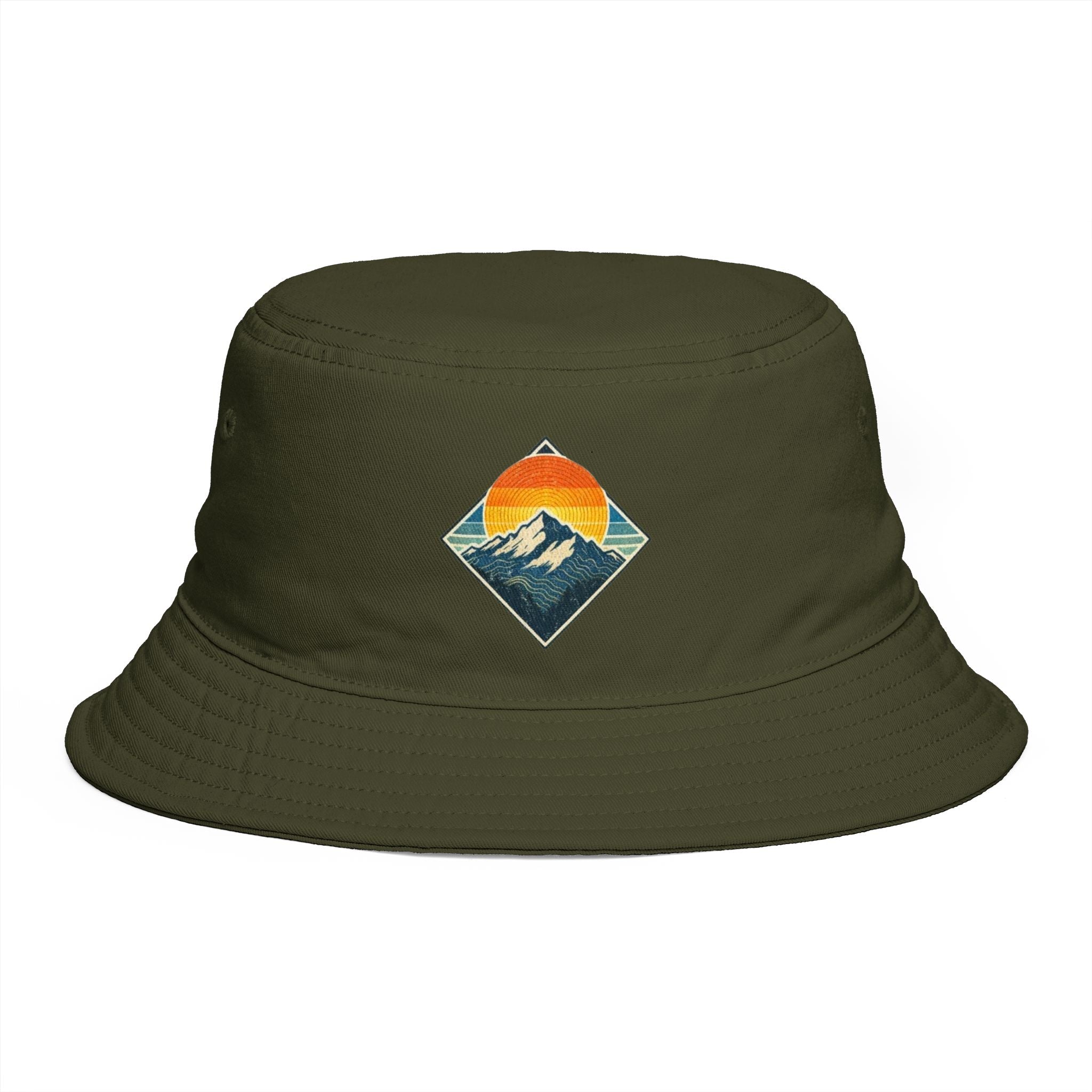 Mountain Sunset Bucket Hat | Retro Outdoor Hiking Patch