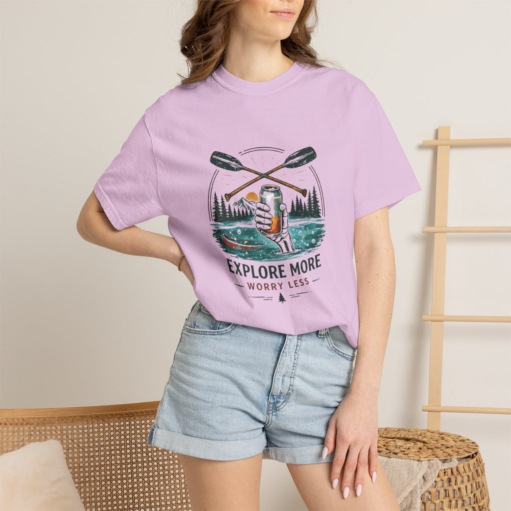 Explore More Worry Less T-Shirt | Outdoor Canoe Camping Adventure Tee