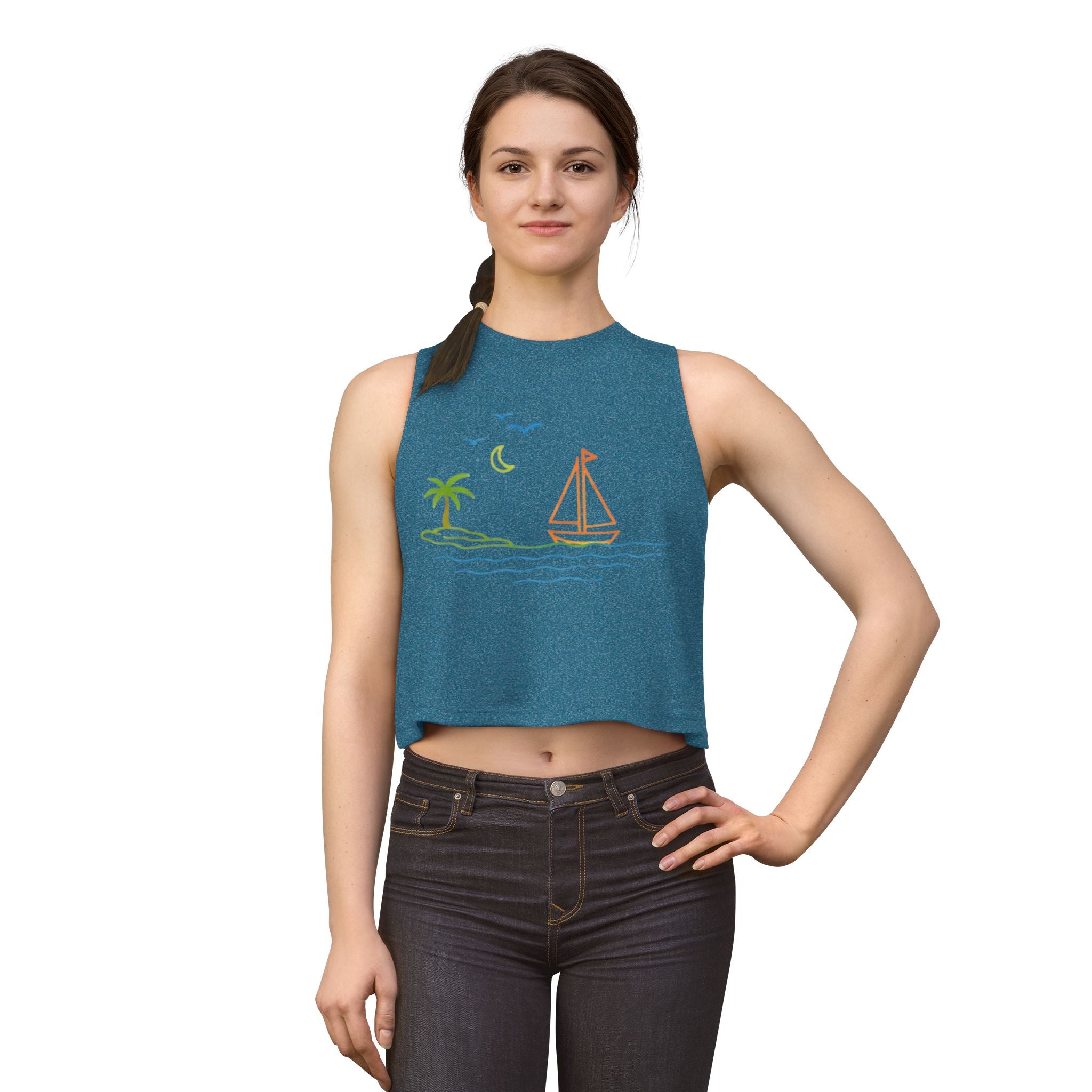 Sailboat Beach Crop Top | Minimal Line Art Summer Tank
