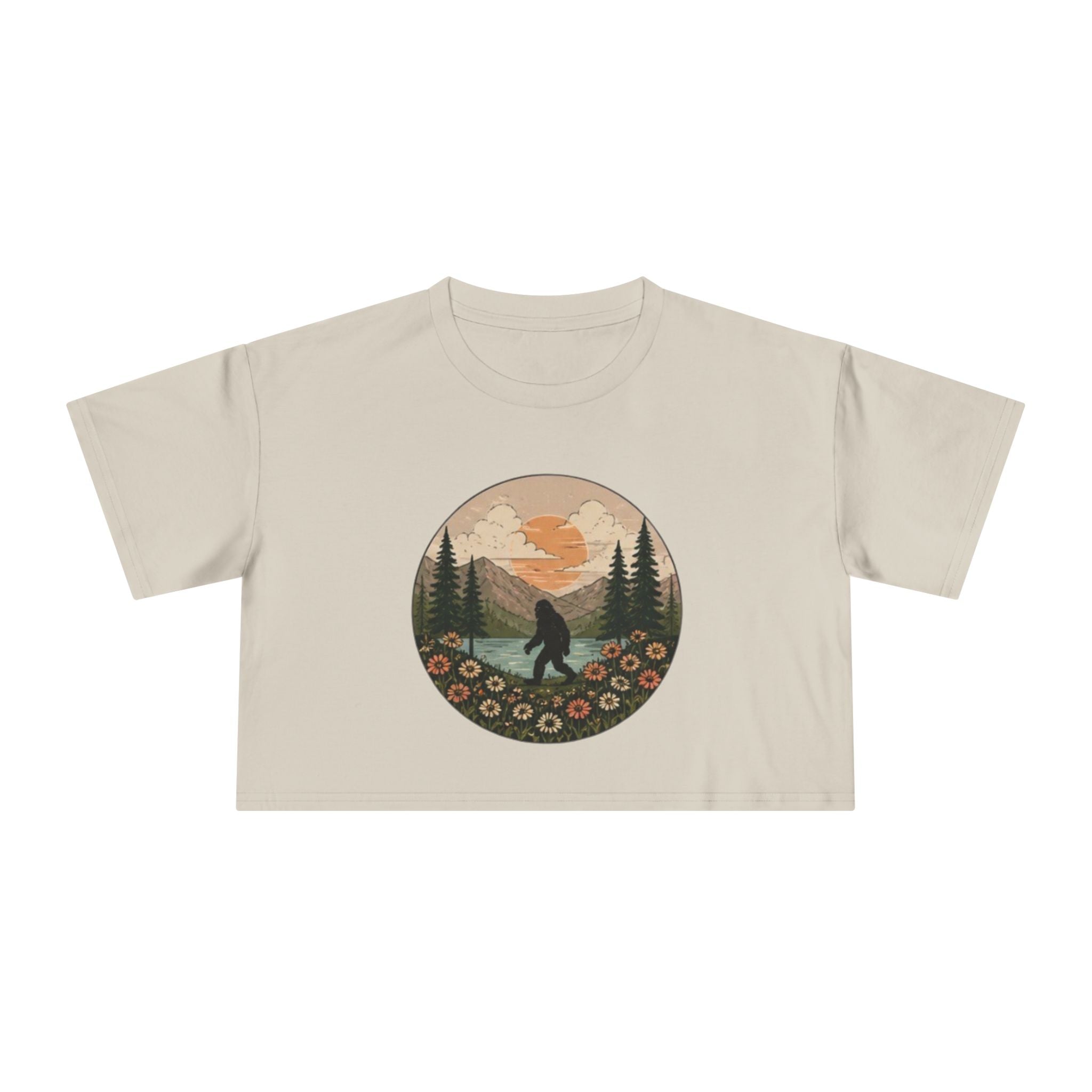 Bigfoot Sunset Crop Tee | Retro Mountain Floral Sasquatch Design