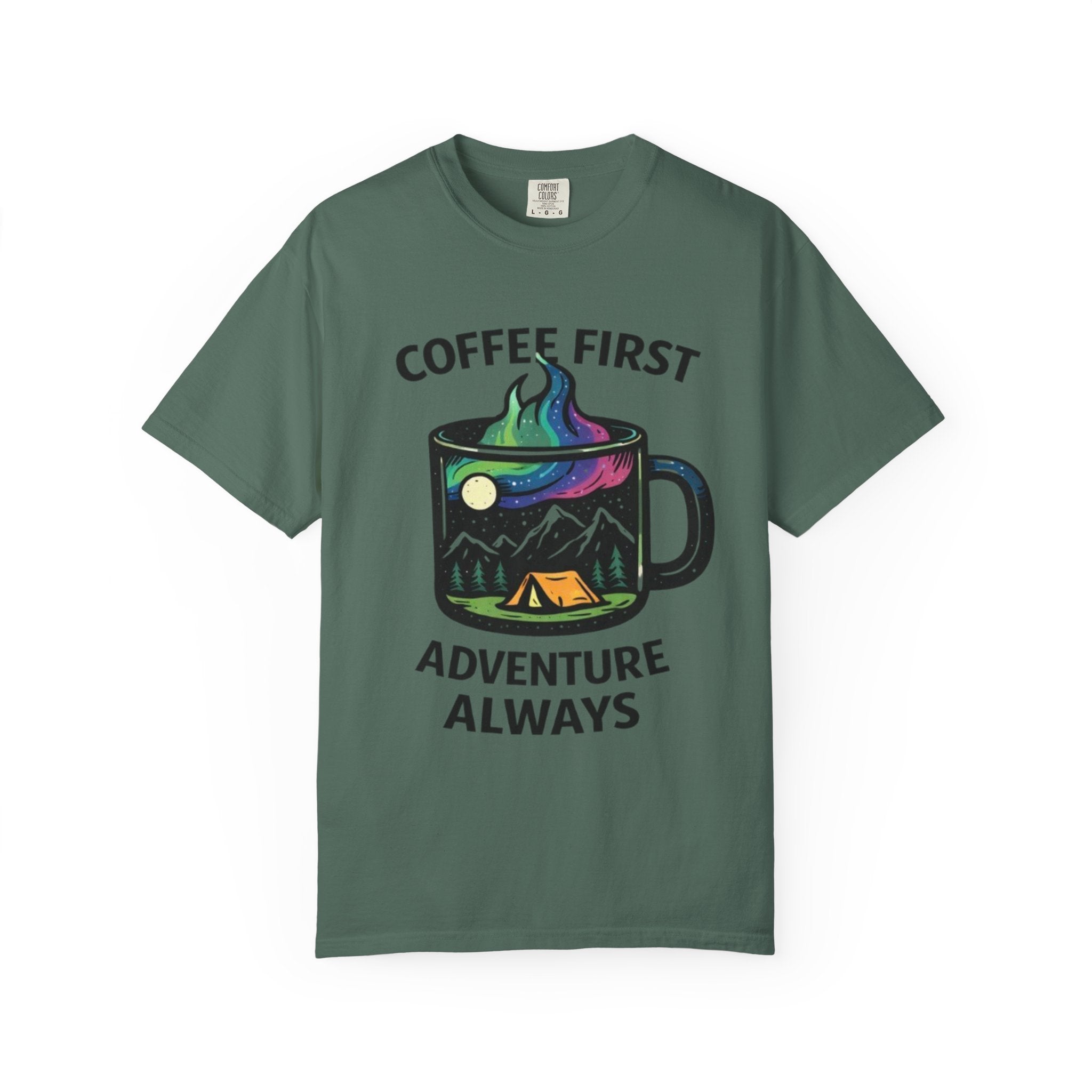 Coffee First Adventure Always T-Shirt | Camping Mug Mountain Design