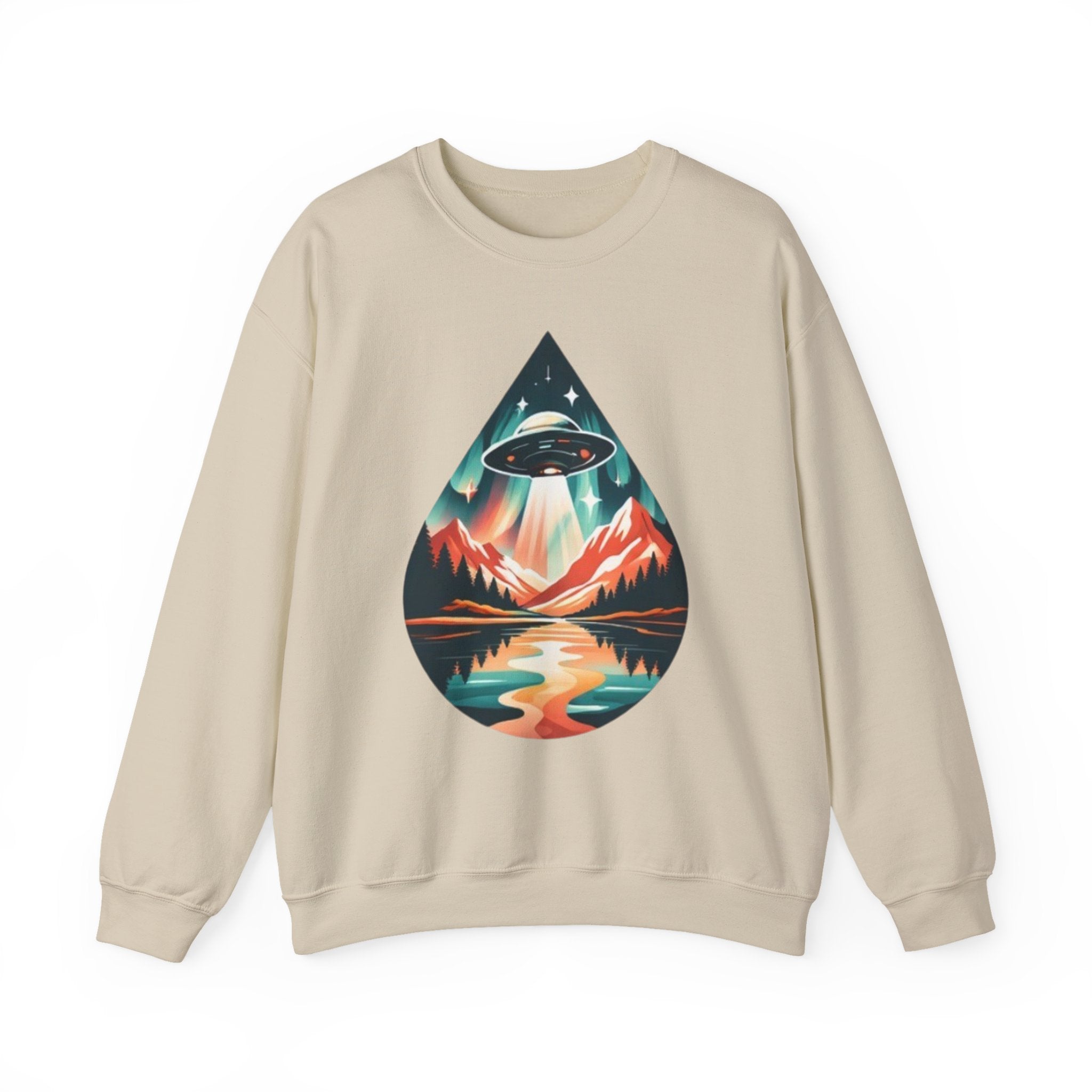 UFO Mountain Crewneck Sweatshirt | Retro Alien Landscape Graphic