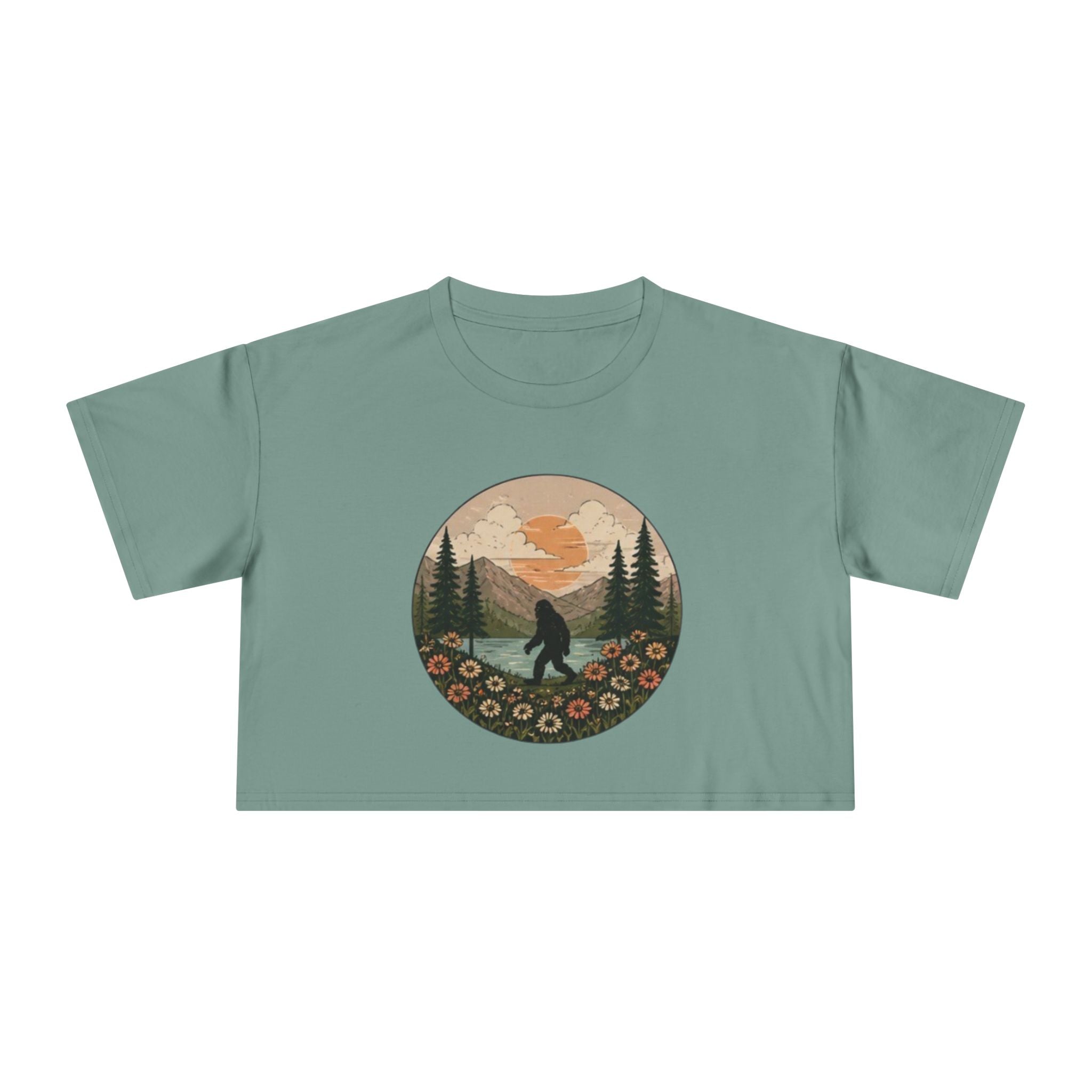 Bigfoot Sunset Crop Tee | Retro Mountain Floral Sasquatch Design