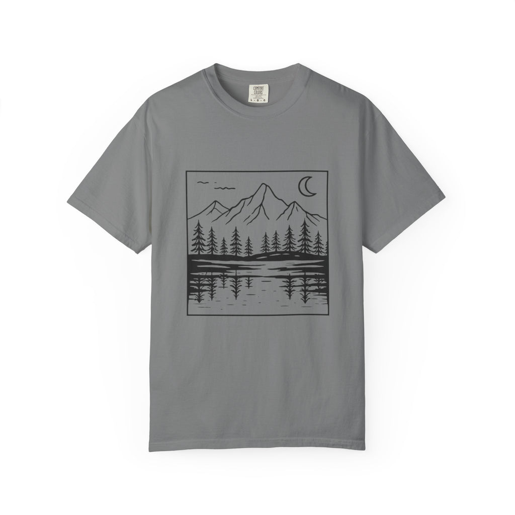 Mountain Lake T-Shirt | Minimal Nightscape with Pine Trees & Crescent Moon