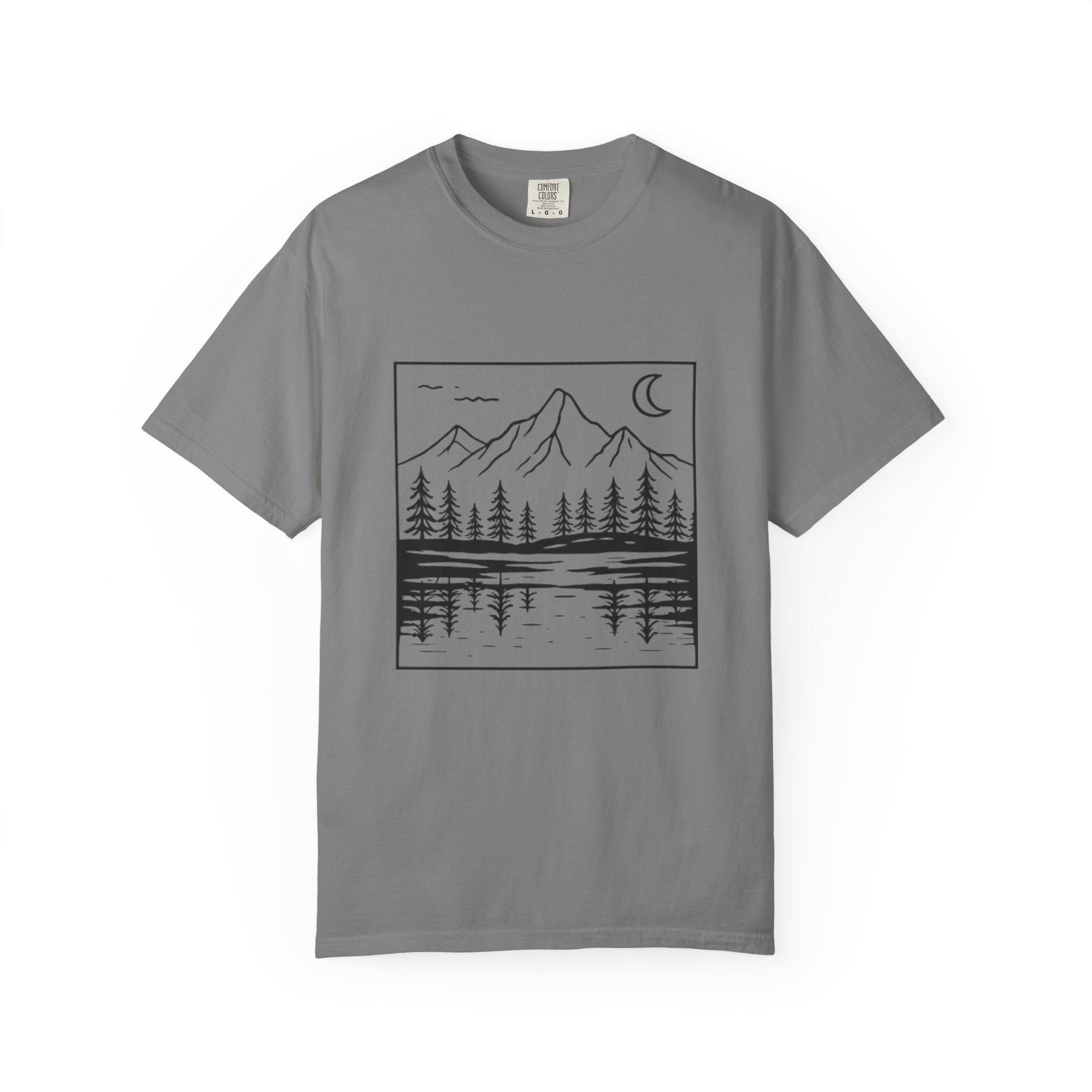Mountain Lake T-Shirt | Minimal Nightscape with Pine Trees & Crescent Moon