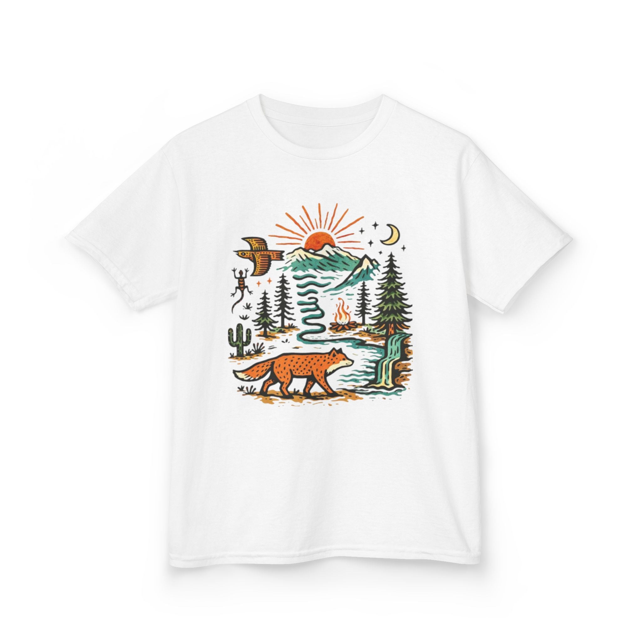 Kids T-Shirt | Retro Nature Scene with Fox Mountains & Sun | Adventure Outdoor Tee
