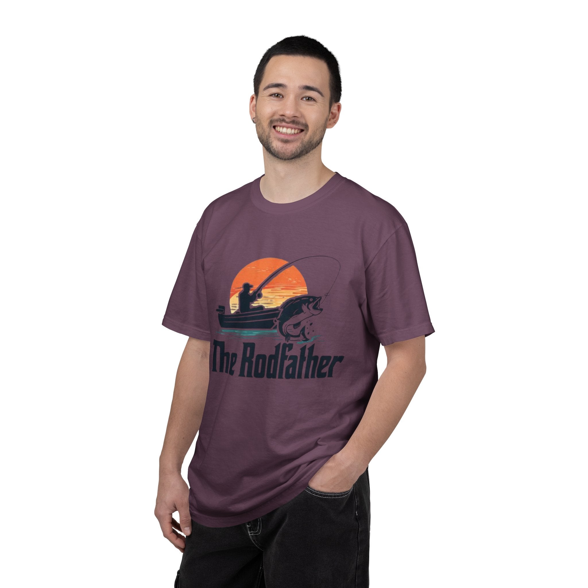 The Rodfather fishing silhouette T-Shirt | Bass boat sunset design