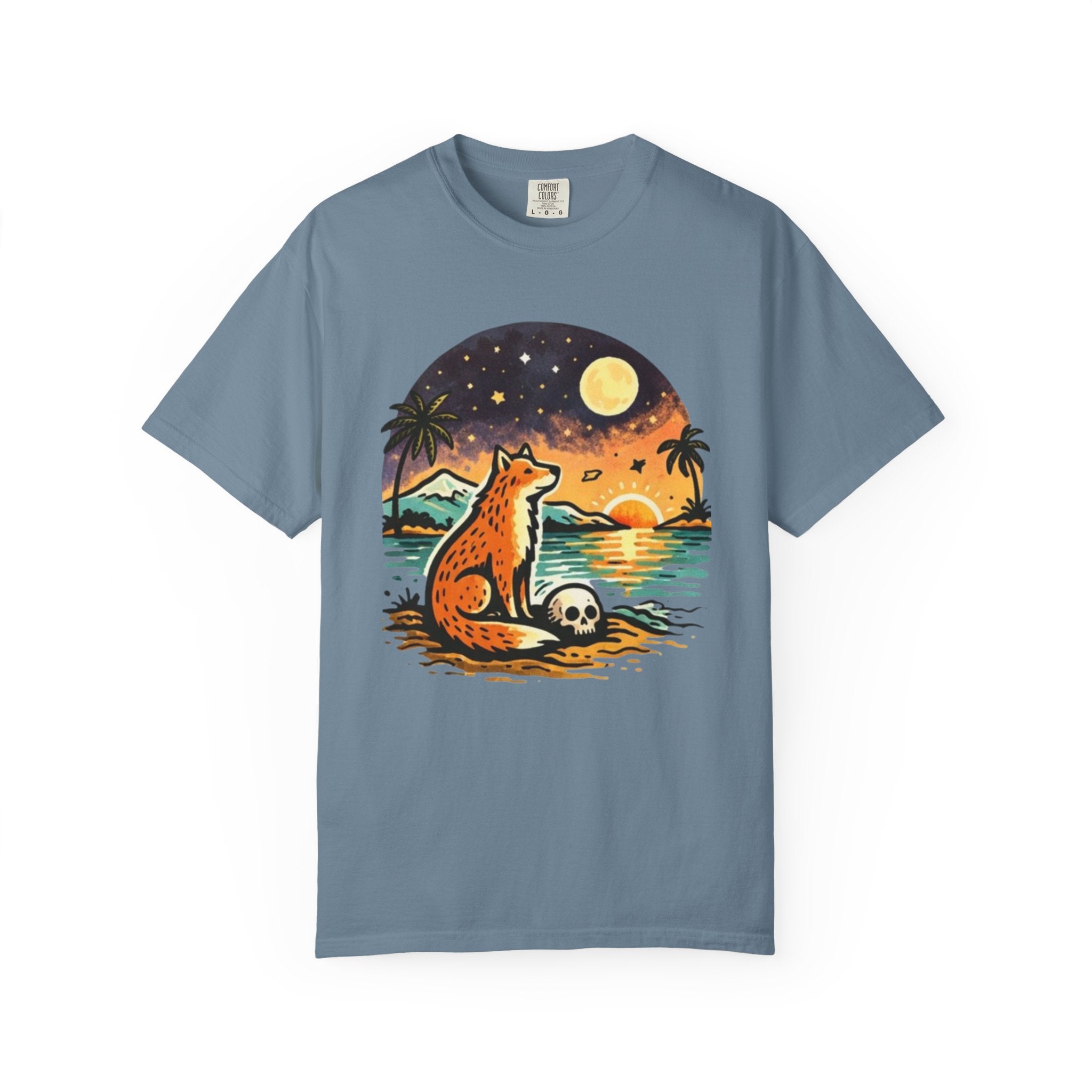 Fox Sunset T-Shirt - Beach Fox Graphic Tee with Skull, Moon & Palm Trees