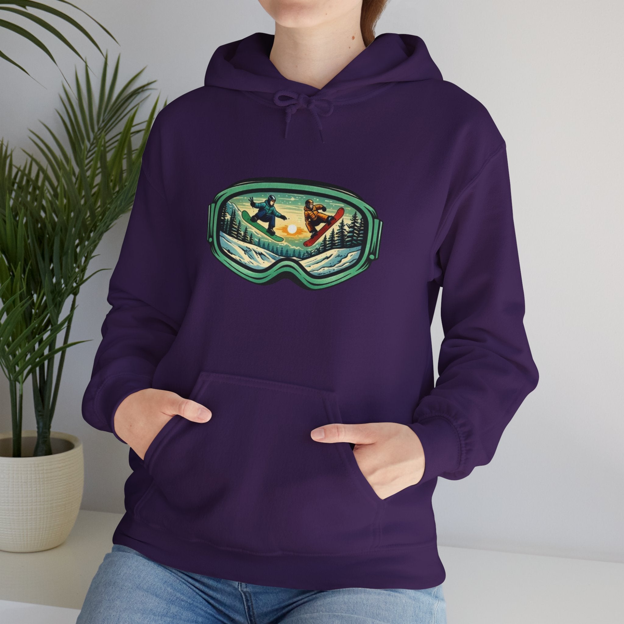 Snowboard Goggles Graphic Hoodie | Winter Mountain Sunset Scene