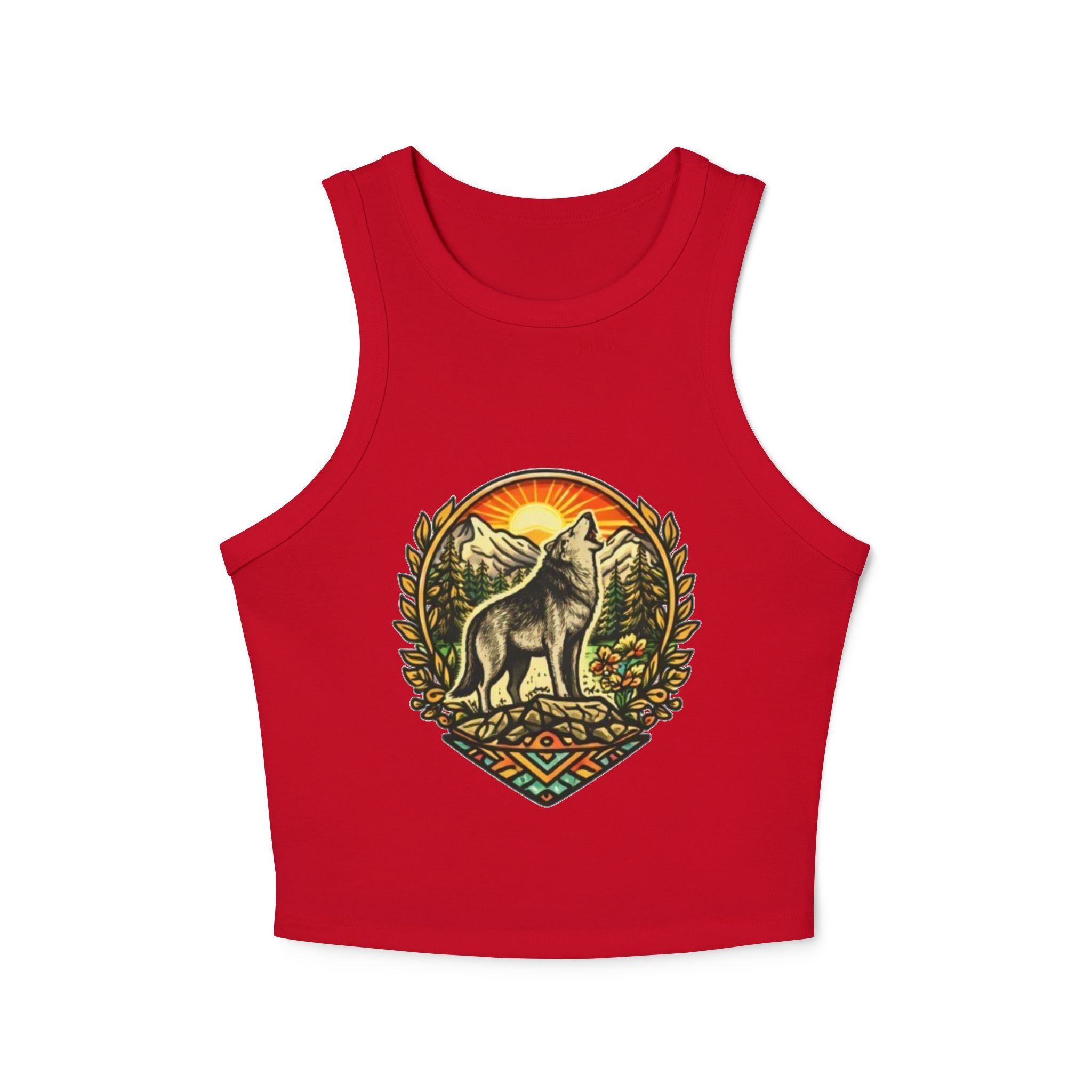 Wolf Sunrise Racer Tank Top | Vintage Nature Graphic Crop