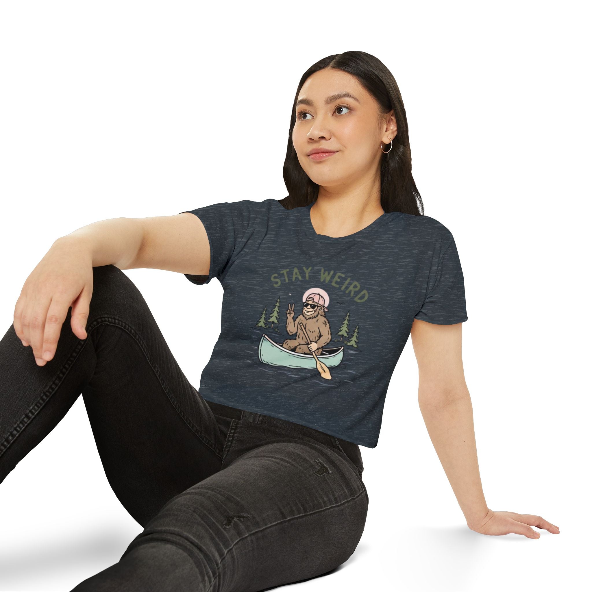 Stay Weird Crop Top | Cute Sasquatch Canoe Graphic Womens Festival Shirt