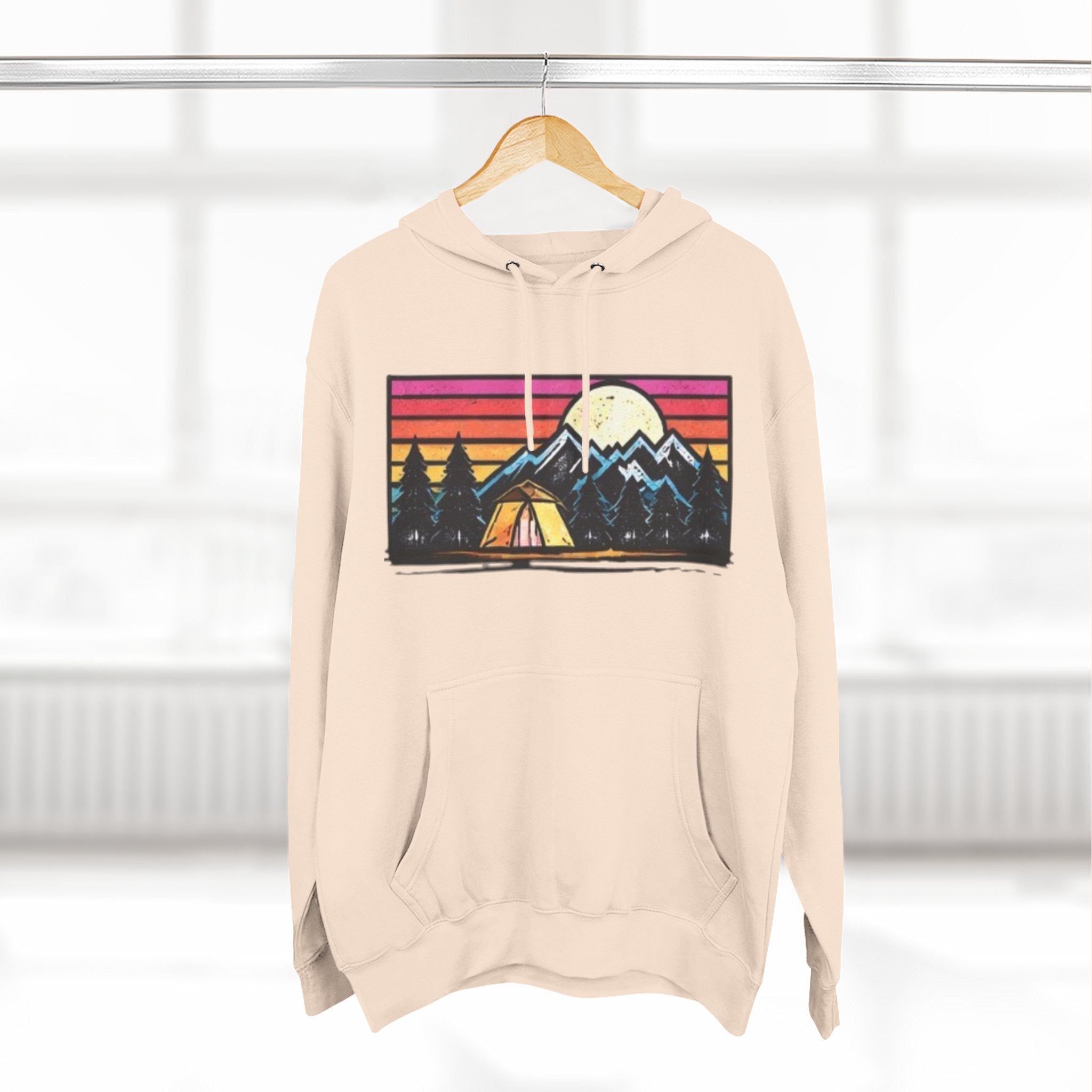 Retro Mountain Camping Hoodie — Sunrise Tent Graphic Fleece Hoodie