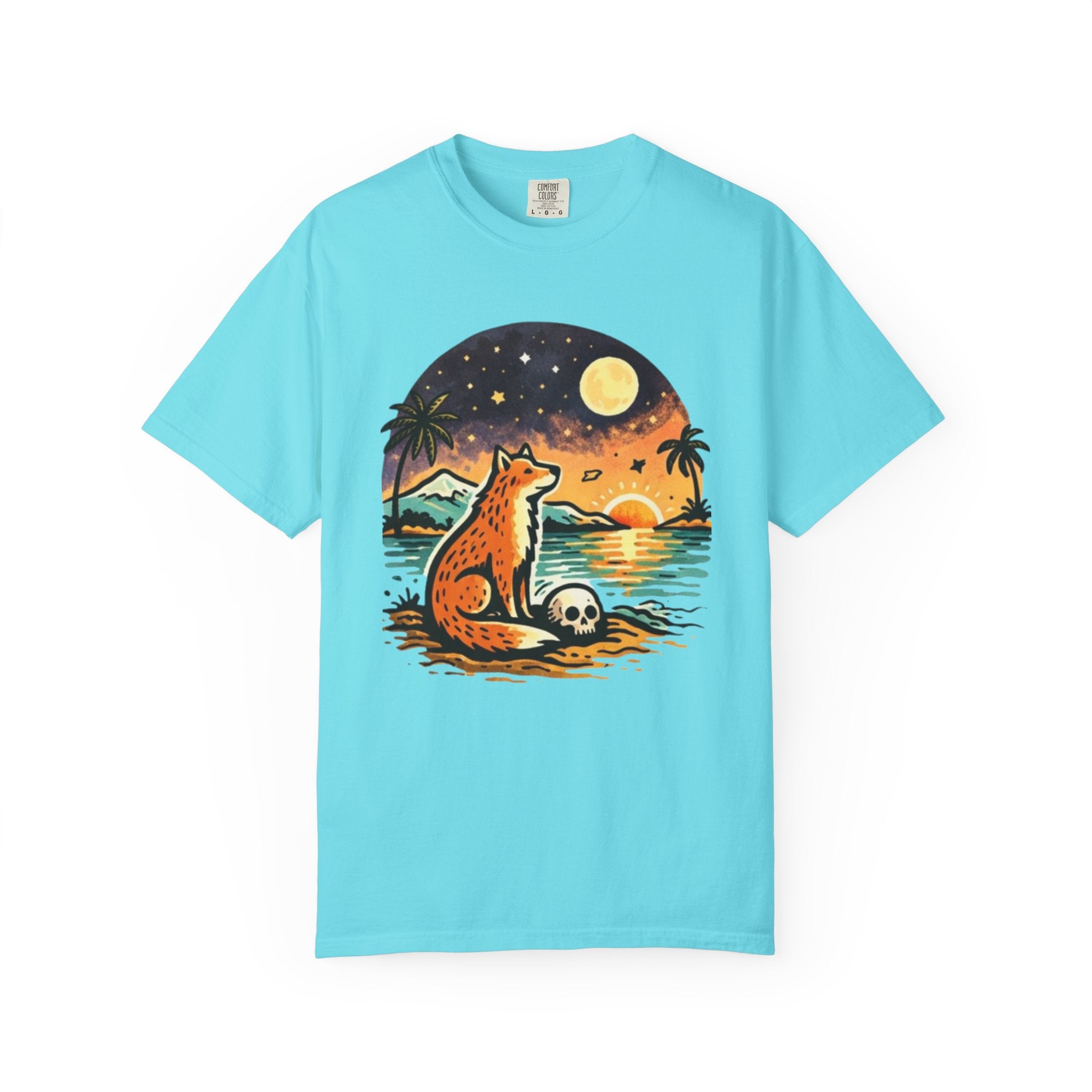 Fox Sunset T-Shirt - Beach Fox Graphic Tee with Skull, Moon & Palm Trees