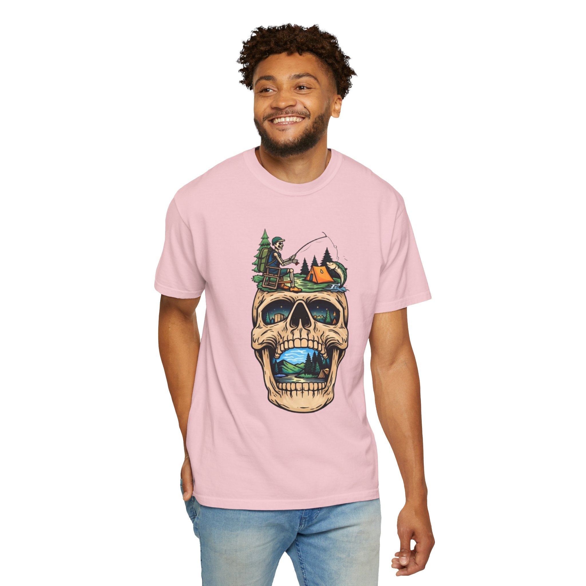 Skull Camping Scene T-shirt | Fishing Camper, Tent & Forest Graphic