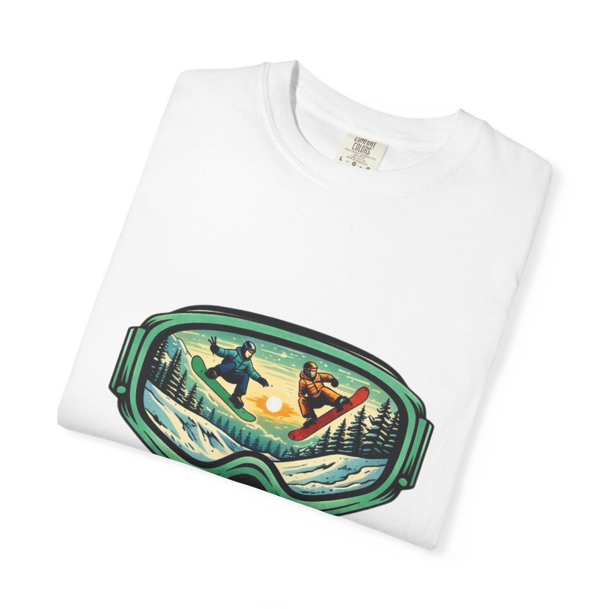 Snowboard Goggles Graphic T-Shirt | Mountain Scene with Ride the Ridge Design