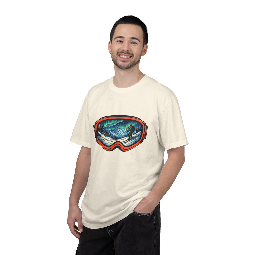 Northern Lights Ski Goggles T-Shirt | Aurora Skiing Landscape Design